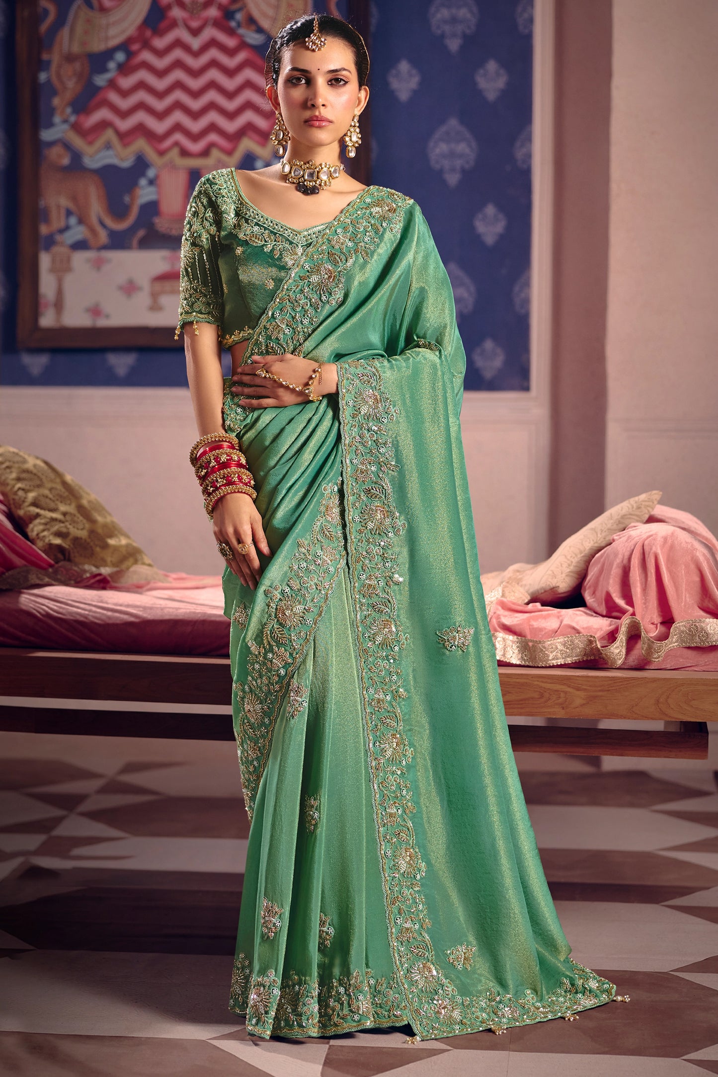 Green Embroidered Viscose Zari Tissue Saree-SAR12588_1_SareeButa.com