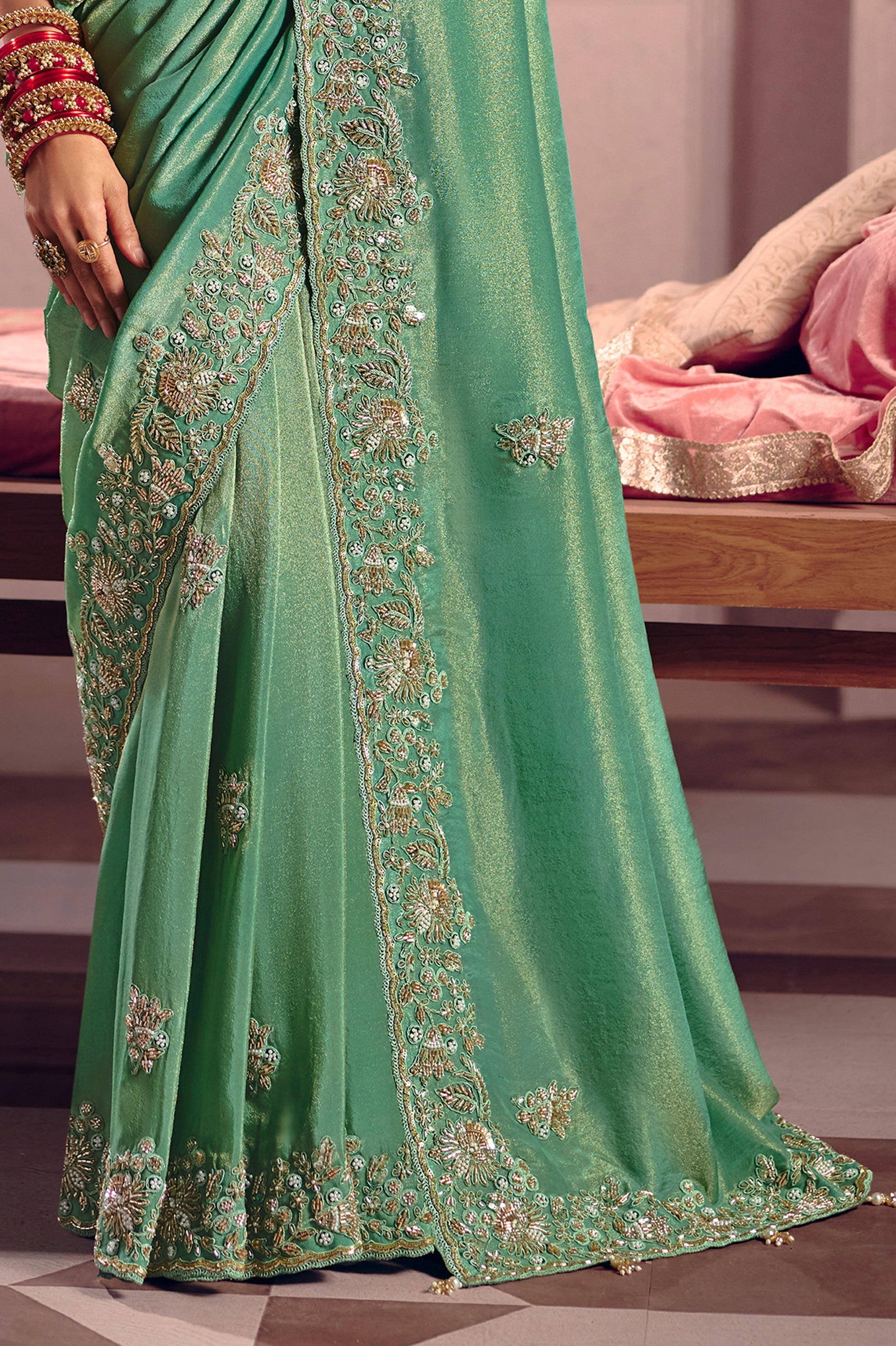 Green Embroidered Viscose Zari Tissue Saree-SAR12588_5_SareeButa.com