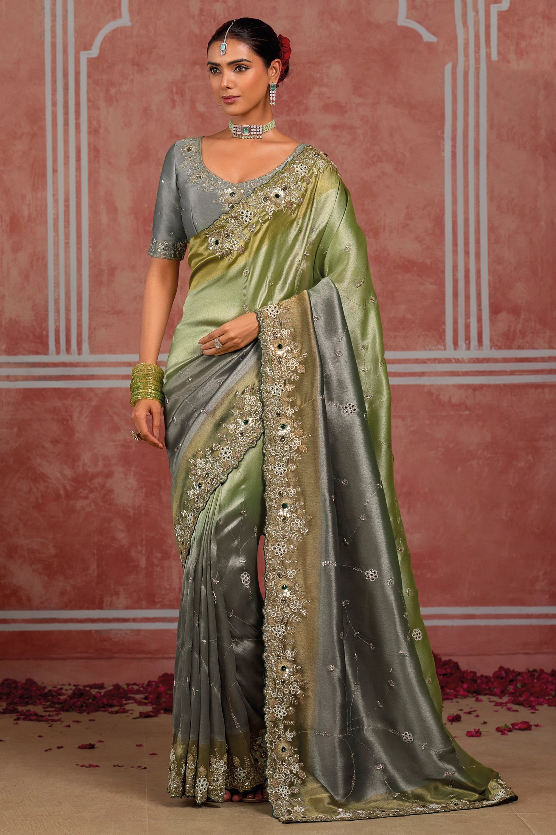 Green Grey Embroidered Silk Saree-SAR13057_1_SareeButa.com