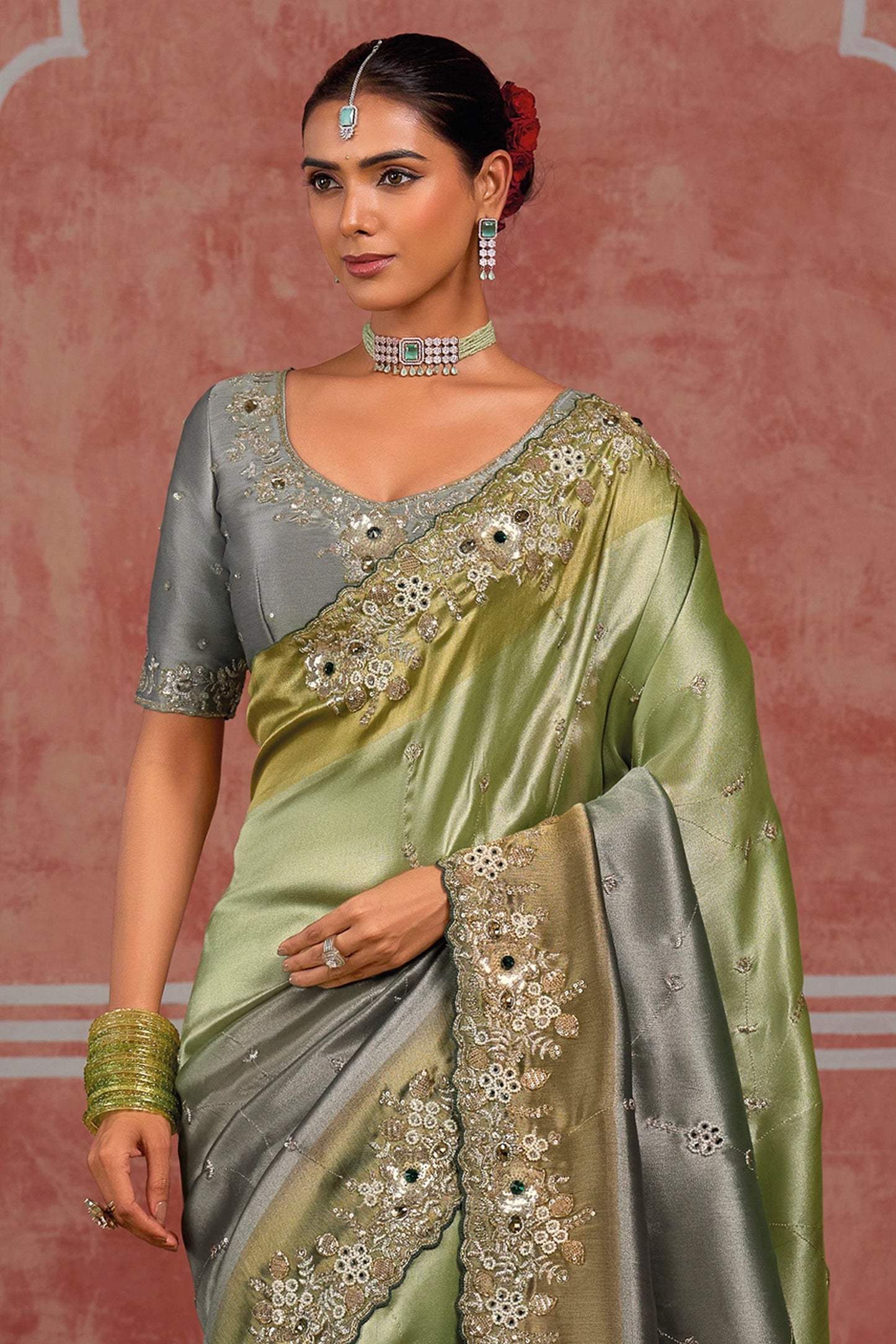 Green Grey Embroidered Silk Saree-SAR13057_3_SareeButa.com