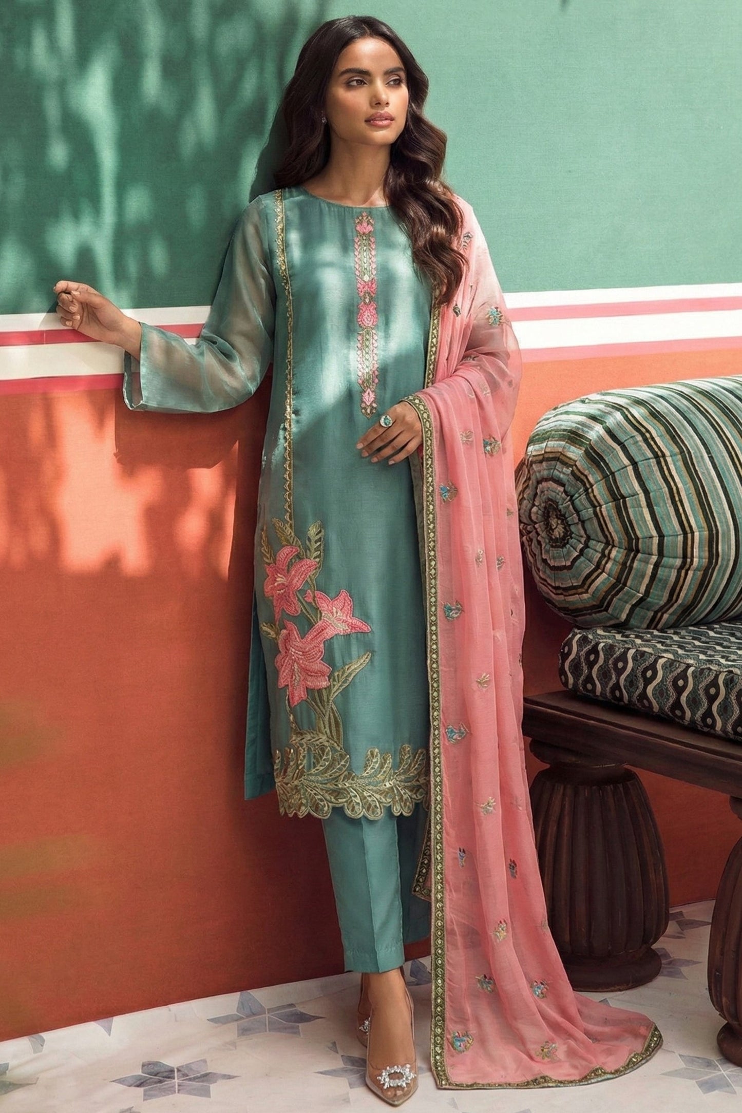 Green Grey Readymade Embroidered Silk Suit-SAR11631_1_SareeButa.com