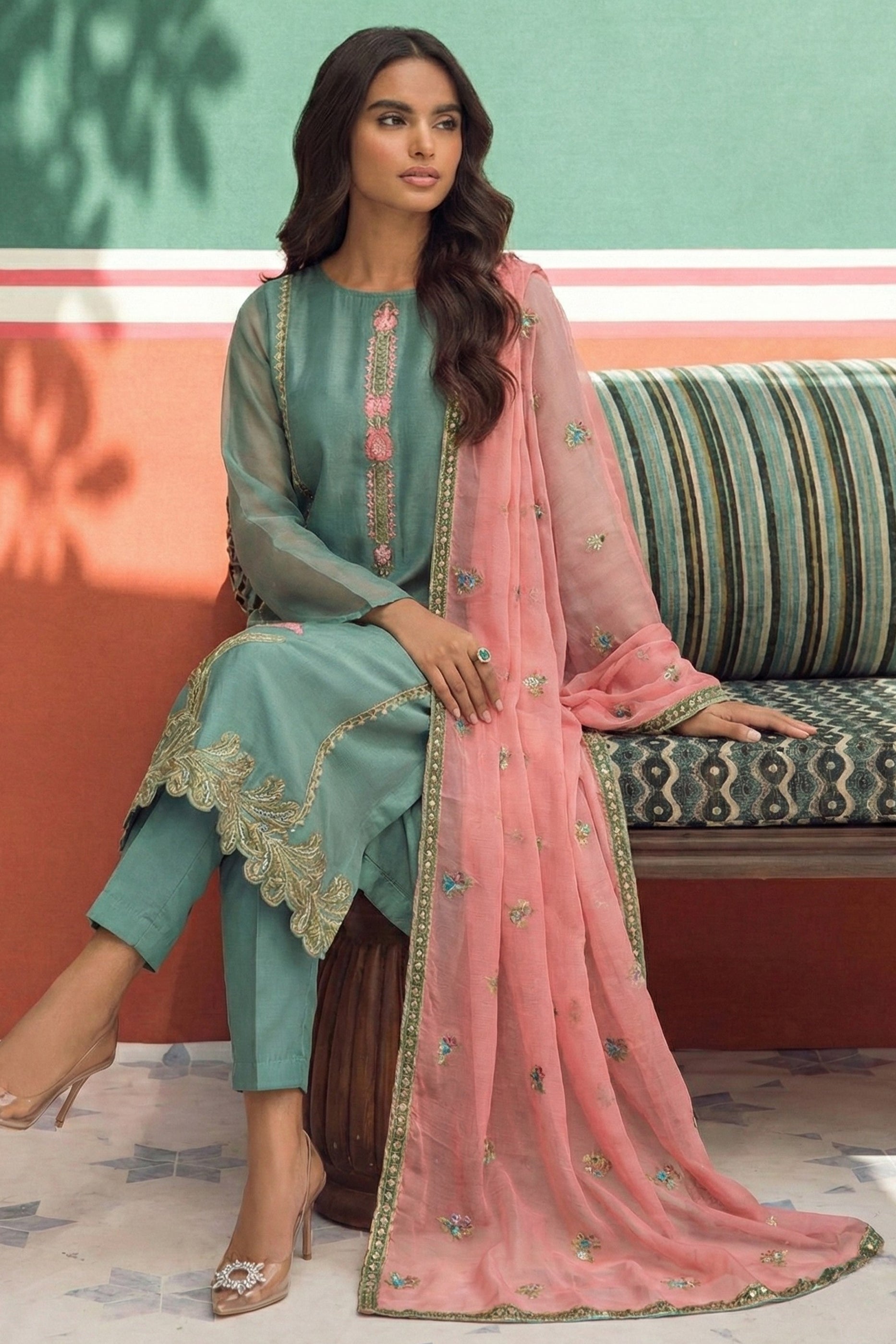 Green Grey Readymade Embroidered Silk Suit-SAR11631_2_SareeButa.com