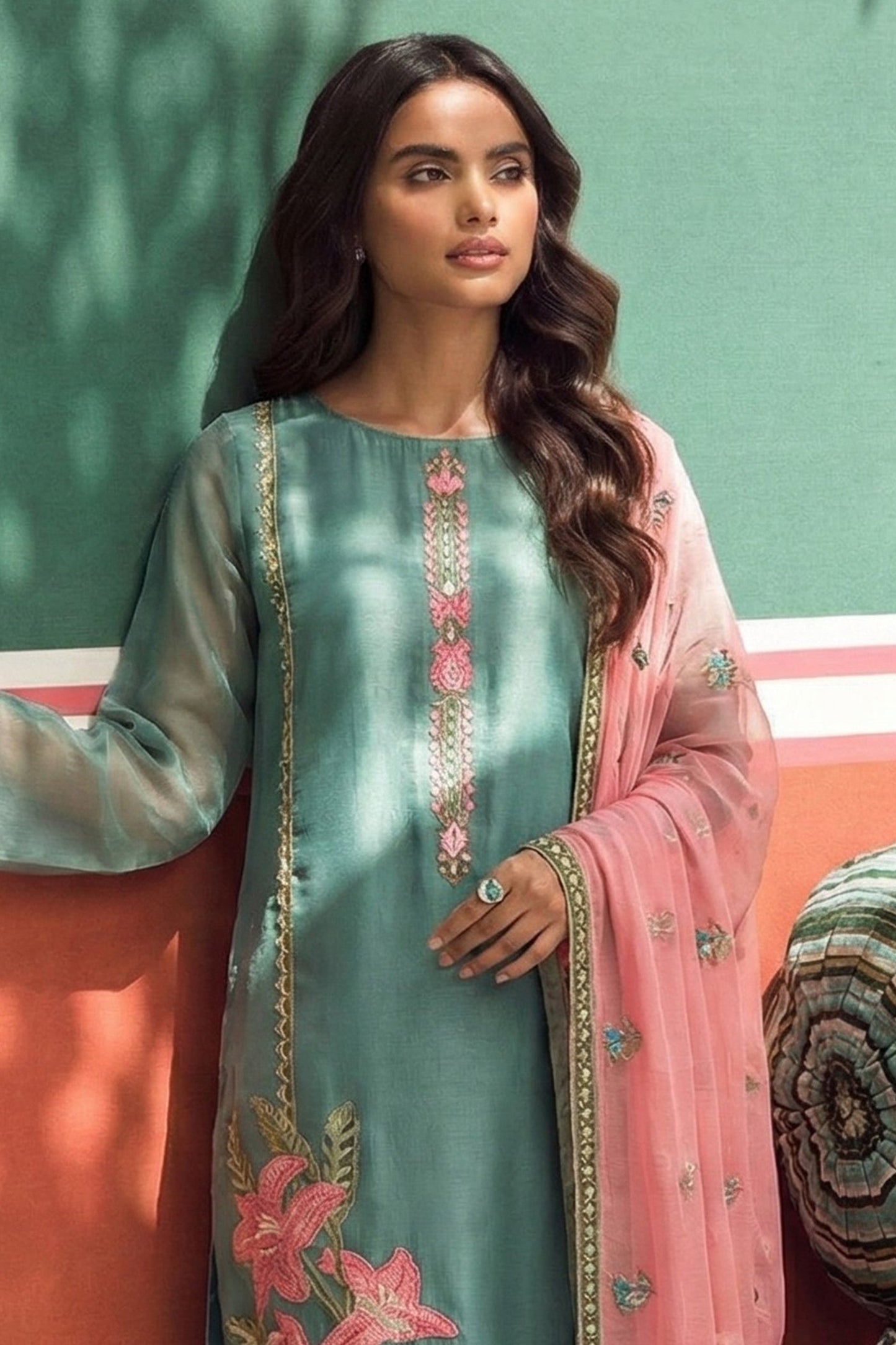 Green Grey Readymade Embroidered Silk Suit-SAR11631_4_SareeButa.com