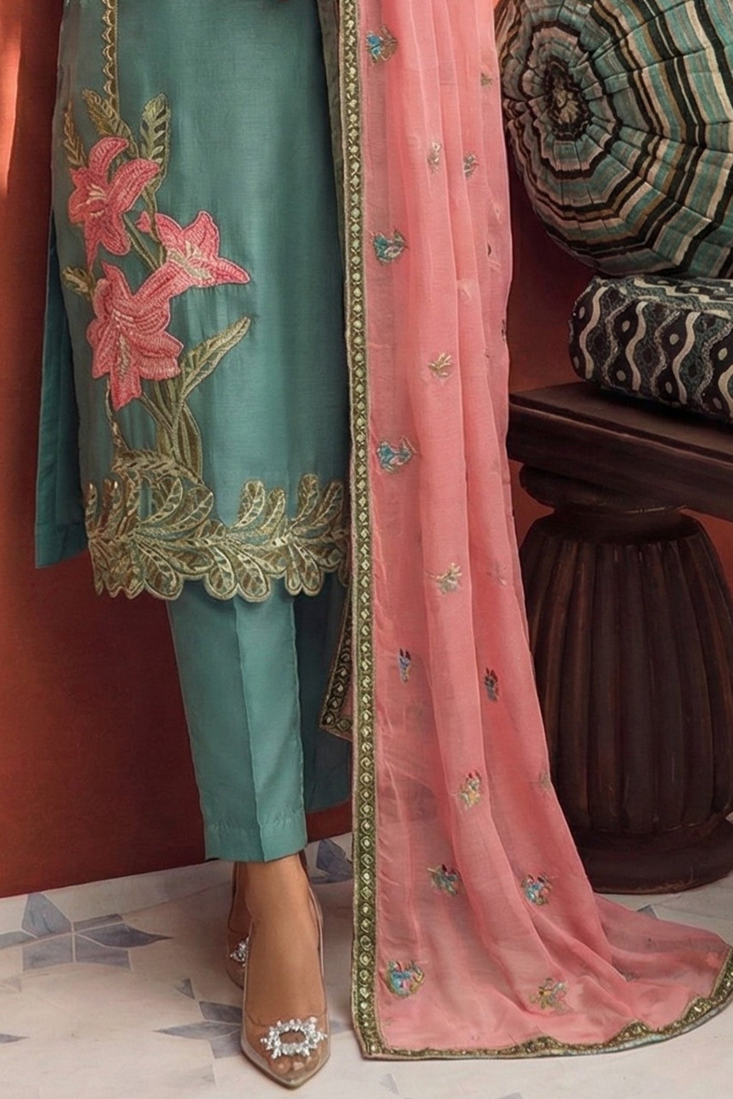 Green Grey Readymade Embroidered Silk Suit-SAR11631_5_SareeButa.com