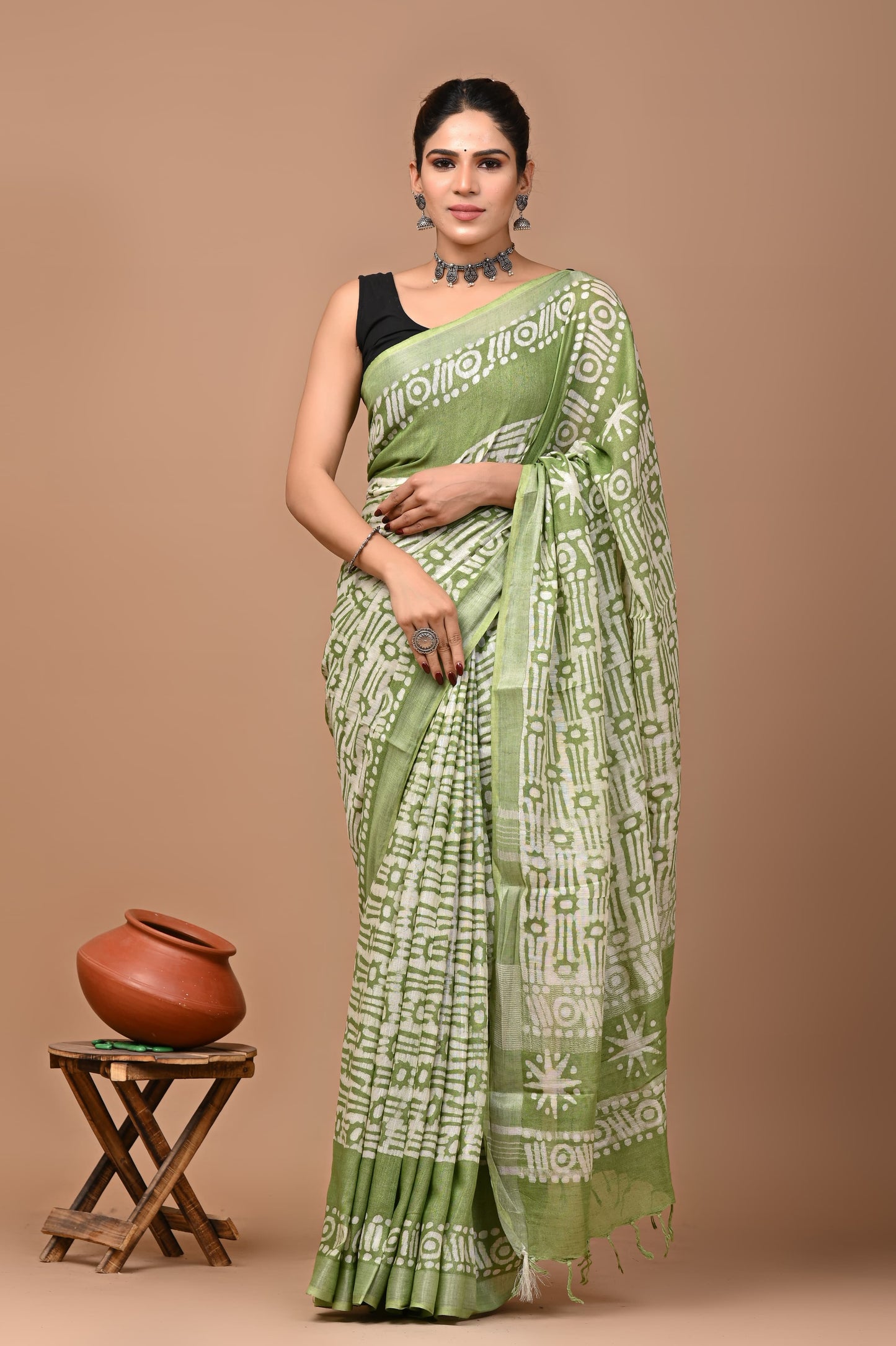 green-handblock-print-cotton-linen-saree-zb132581_1_SareeButa.com