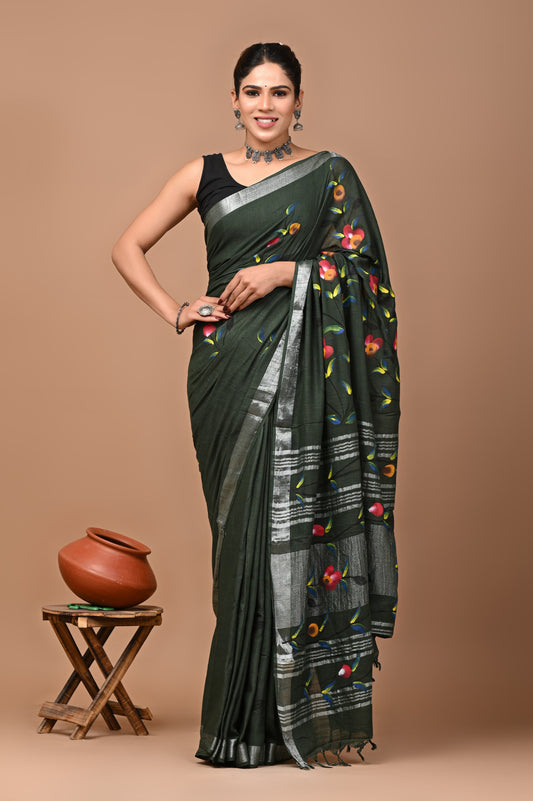 Green Handblock Print Cotton Linen Saree-ZB132606_1