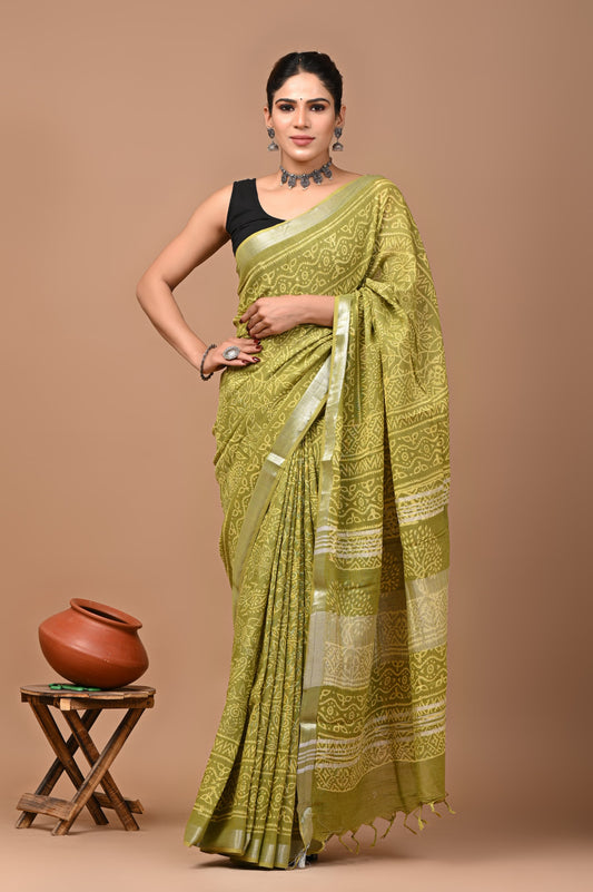 green-handblock-print-cotton-linen-saree-zb132614_1_SareeButa.com