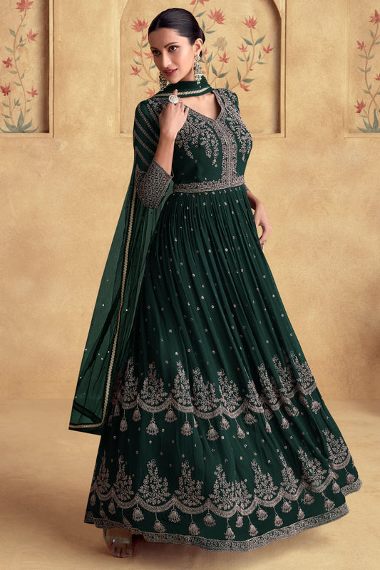 Green Heavy Work Goergette Gown with Dupatta-SS460_1_SareeButa.com