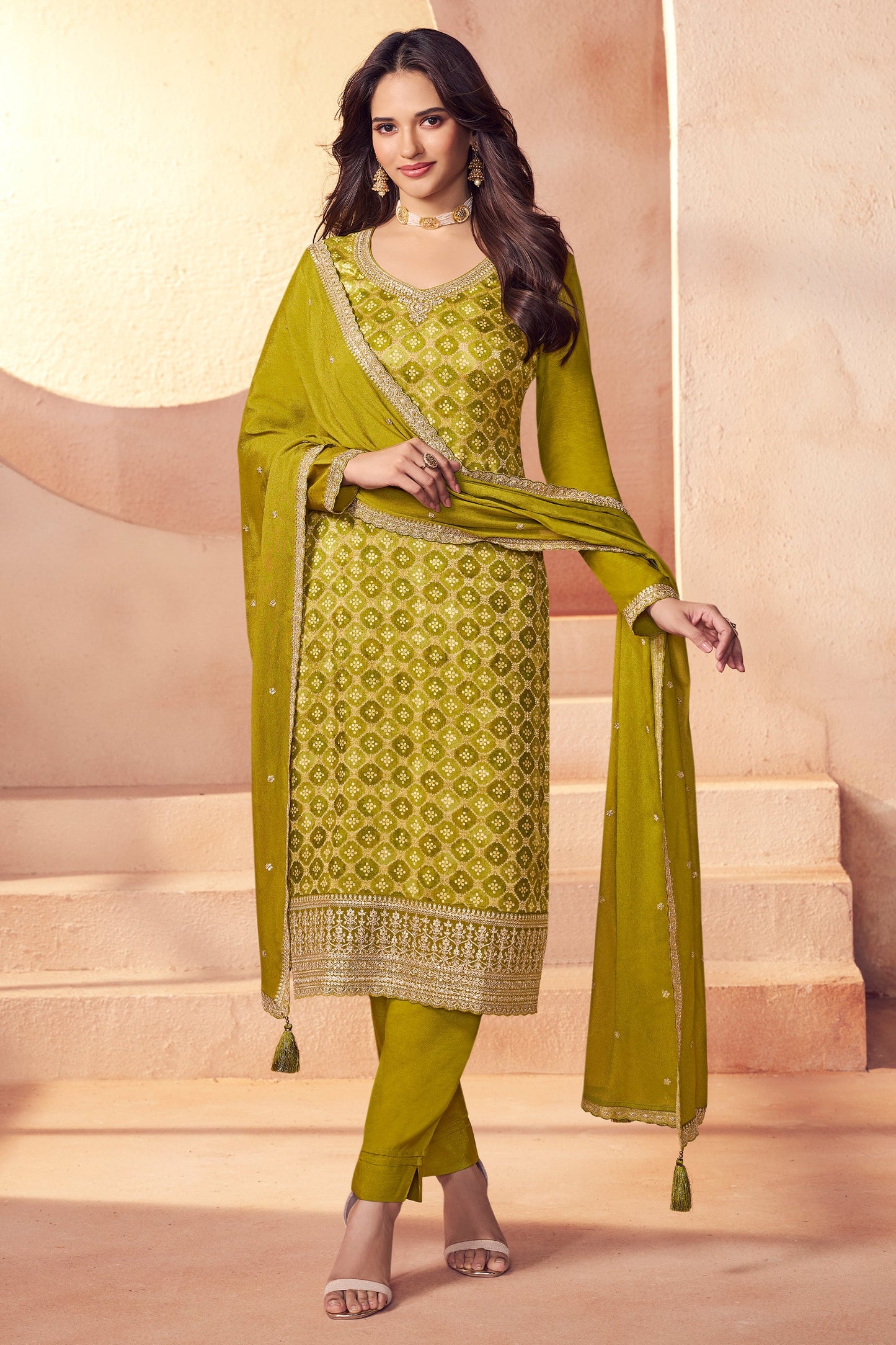 Green Embroidered Jacquard Silk Suit-SAR11751_1_SareeButa.com