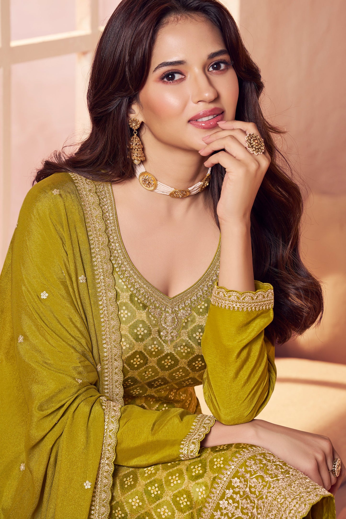 Green Embroidered Jacquard Silk Suit-SAR11751_2_SareeButa.com