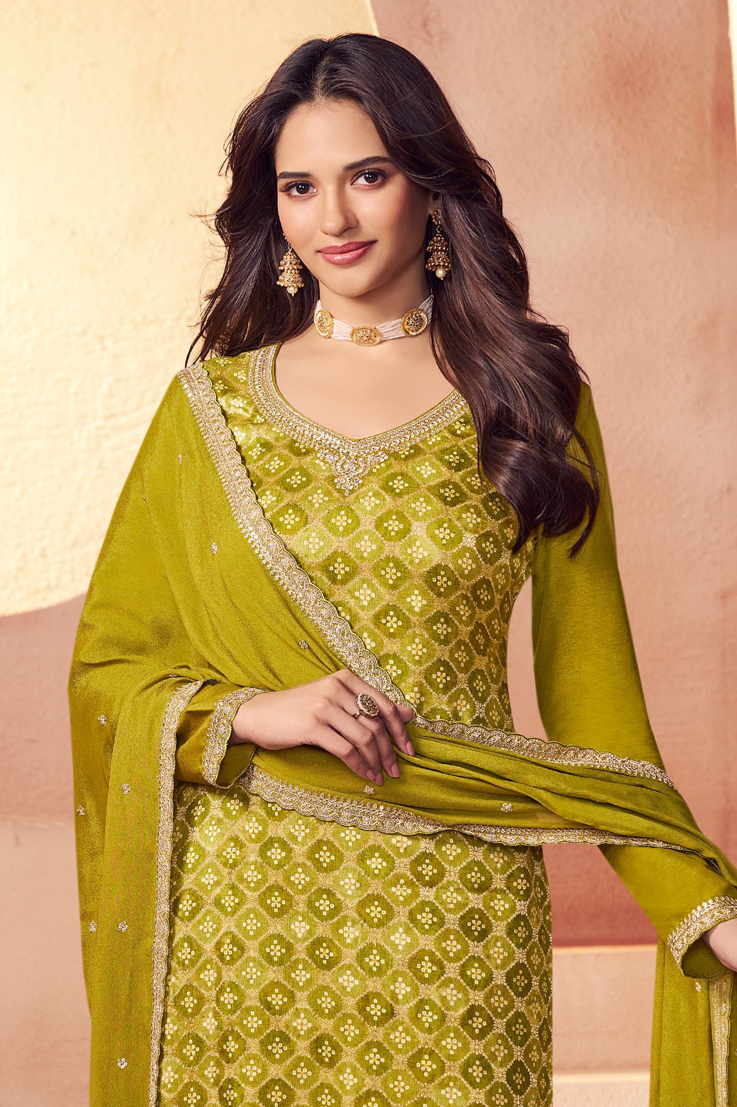 Green Embroidered Jacquard Silk Suit-SAR11751_3_SareeButa.com