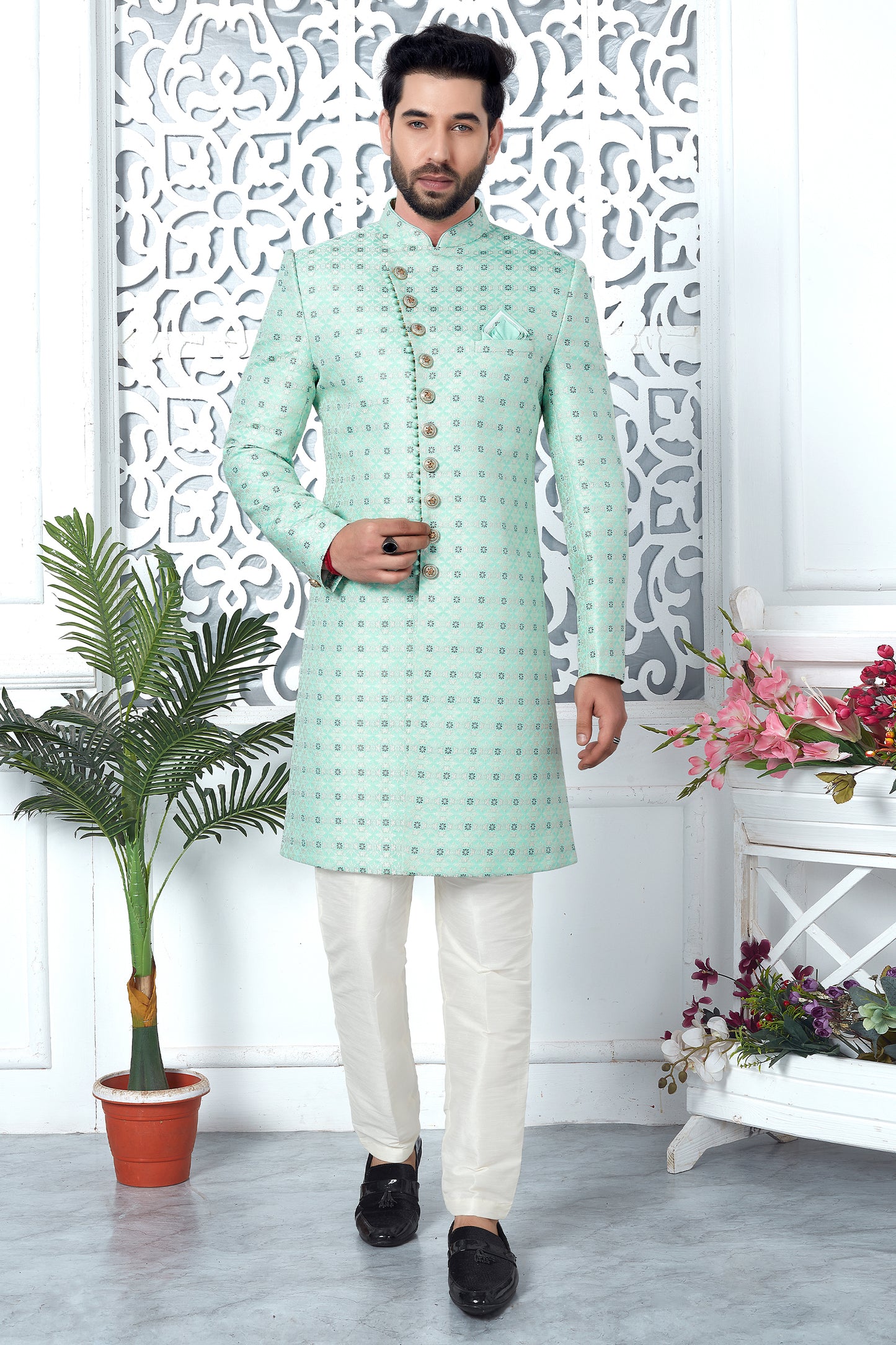 Green Jacquard Silk Kurta Pajama-SAR11419_1_SareeButa.com