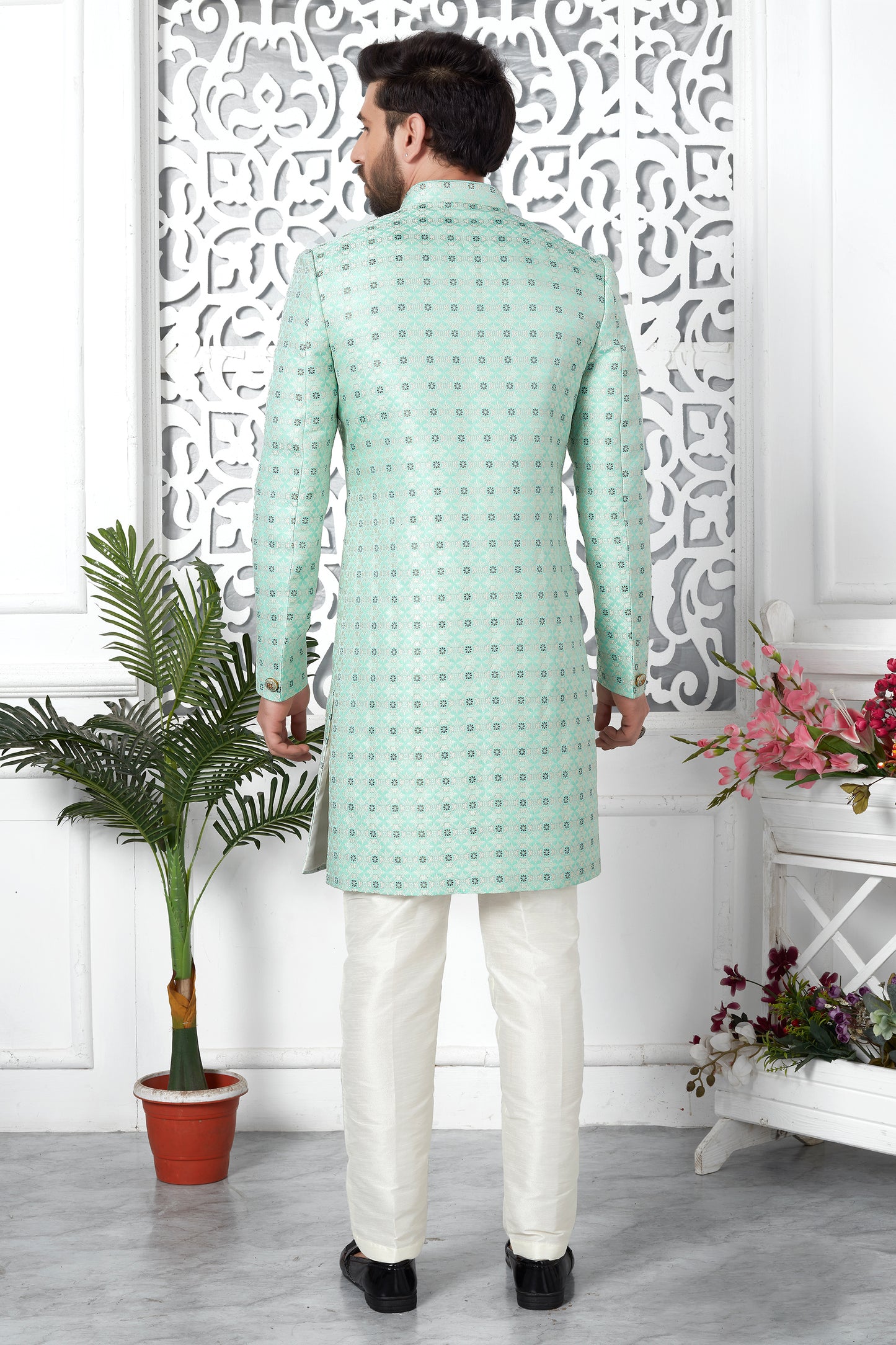 Green Jacquard Silk Kurta Pajama-SAR11419_2_SareeButa.com