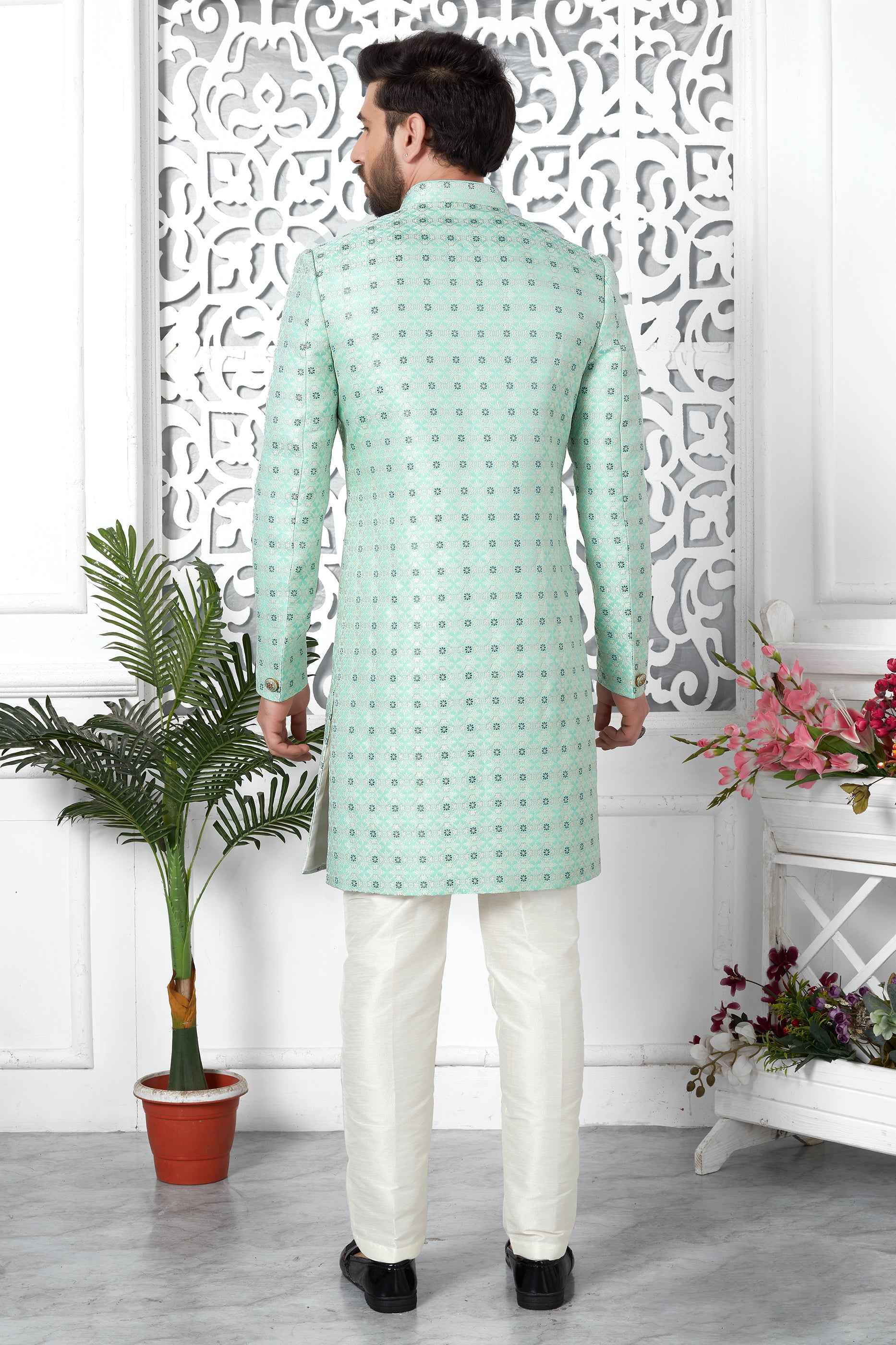 Green Jacquard Silk Kurta Pajama-SAR11419_2_SareeButa.com