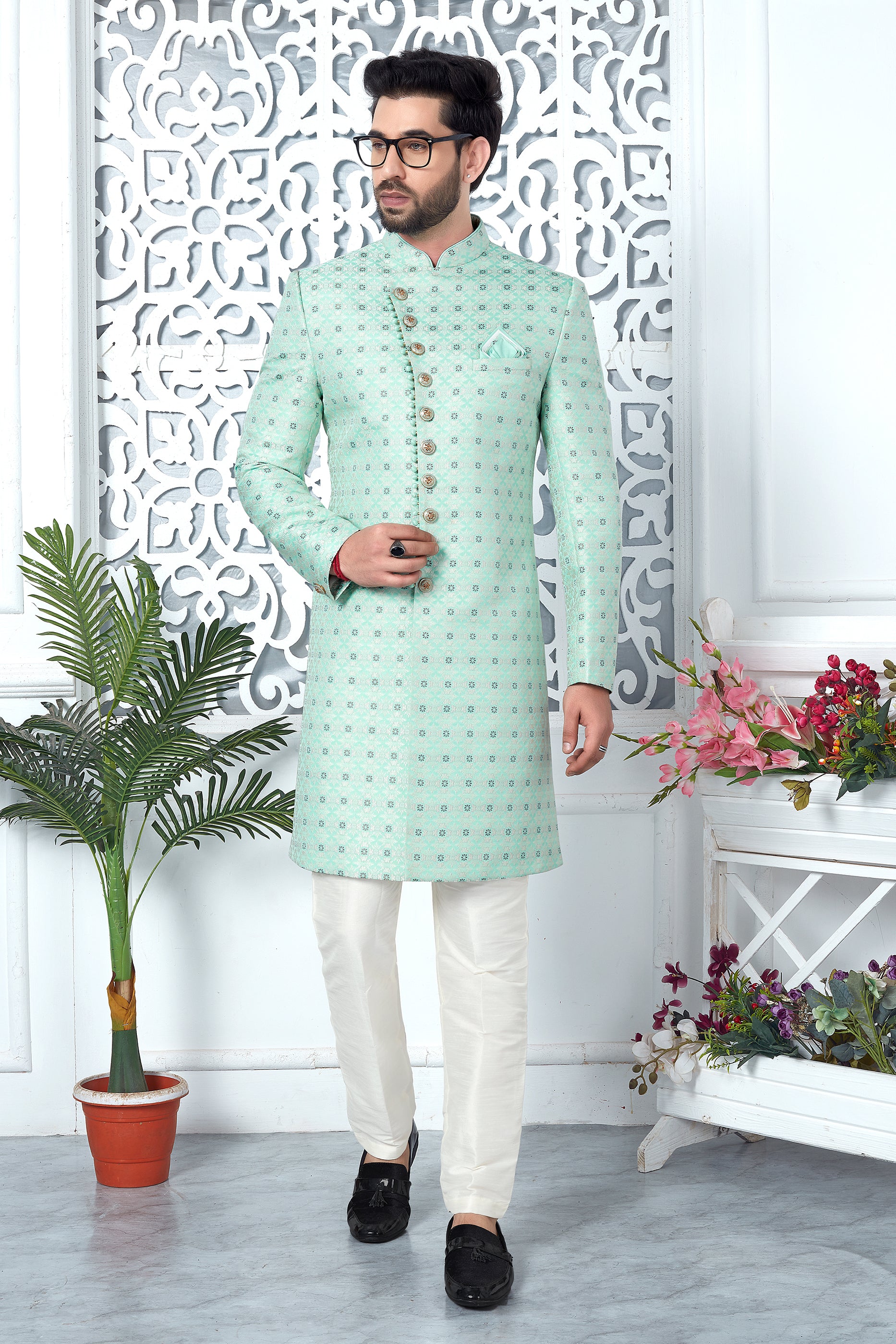Green Jacquard Silk Kurta Pajama-SAR11419_3_SareeButa.com