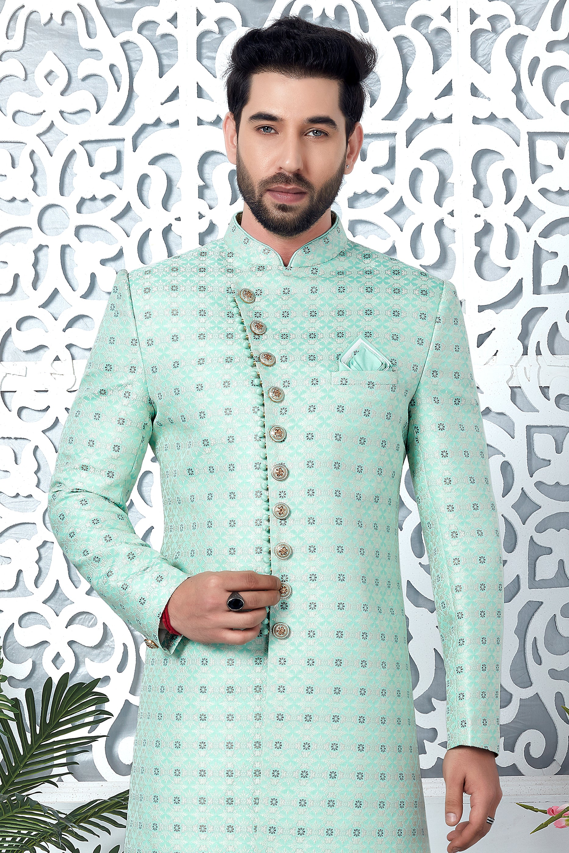 Green Jacquard Silk Kurta Pajama-SAR11419_4_SareeButa.com