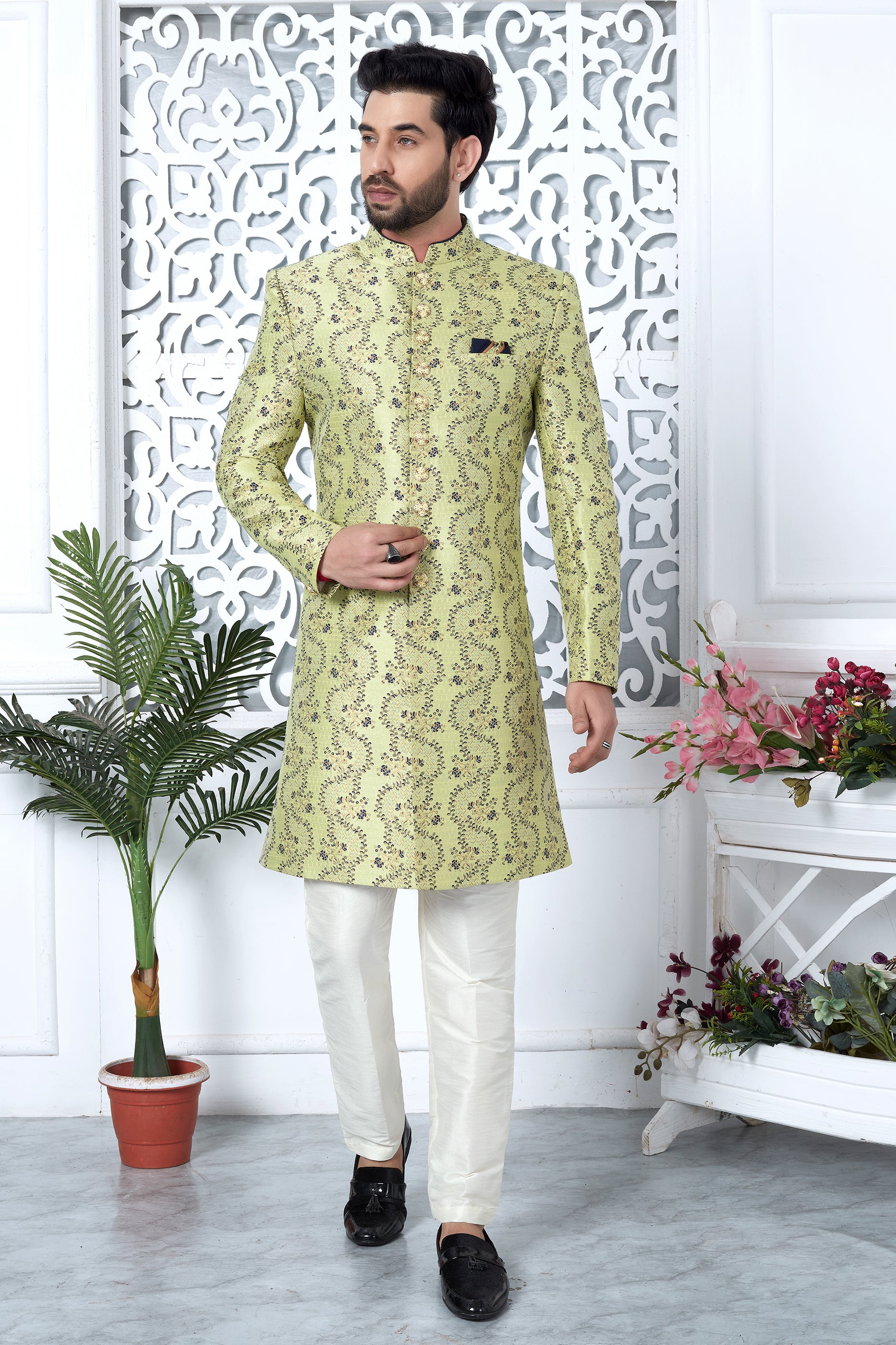 Green Jacquard Silk Kurta Pajama-SAR11423_1_SareeButa.com