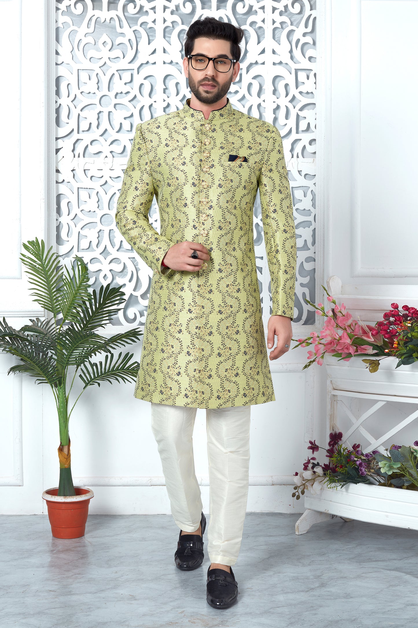 Green Jacquard Silk Kurta Pajama-SAR11423_3_SareeButa.com
