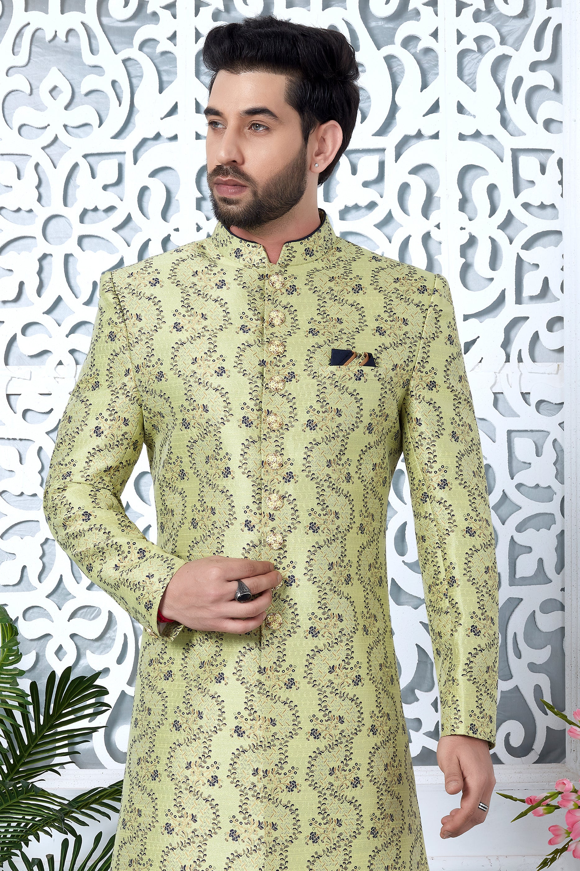 Green Jacquard Silk Kurta Pajama-SAR11423_4_SareeButa.com