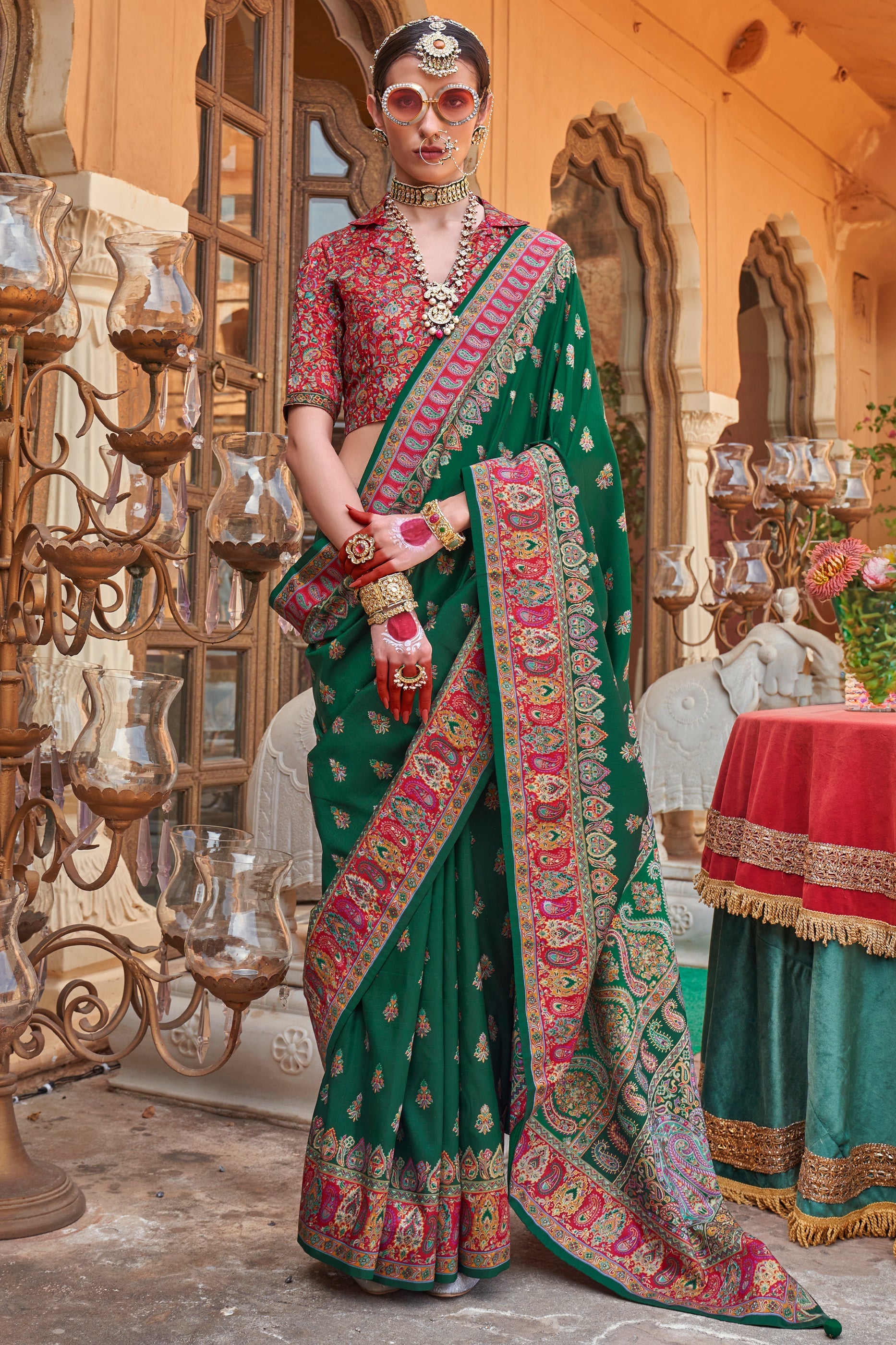Green Jamewar Print Viscose Silk Saree-SAR10092_1_SareeButa.com