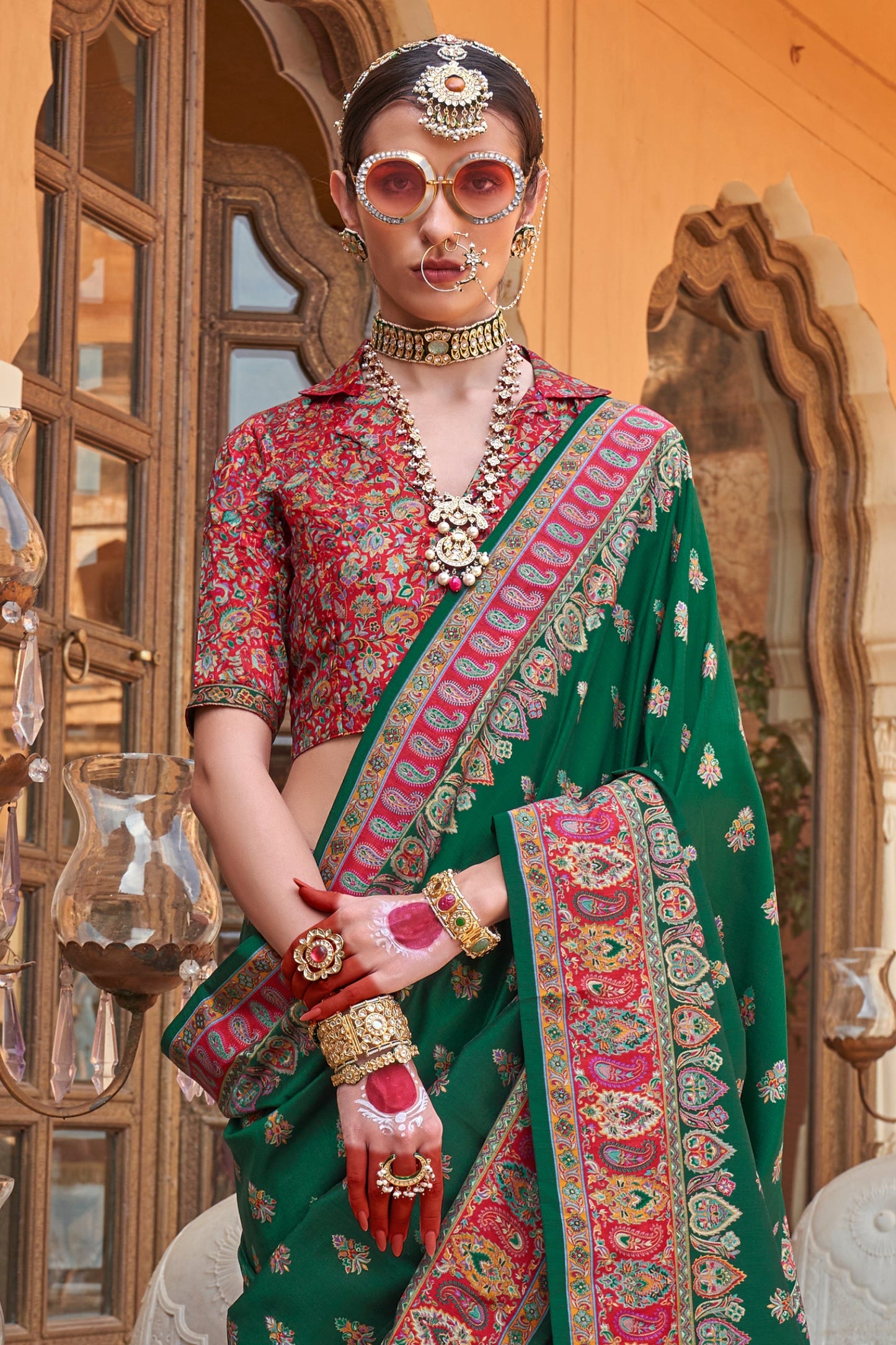 Green Jamewar Print Viscose Silk Saree-SAR10092_3_SareeButa.com