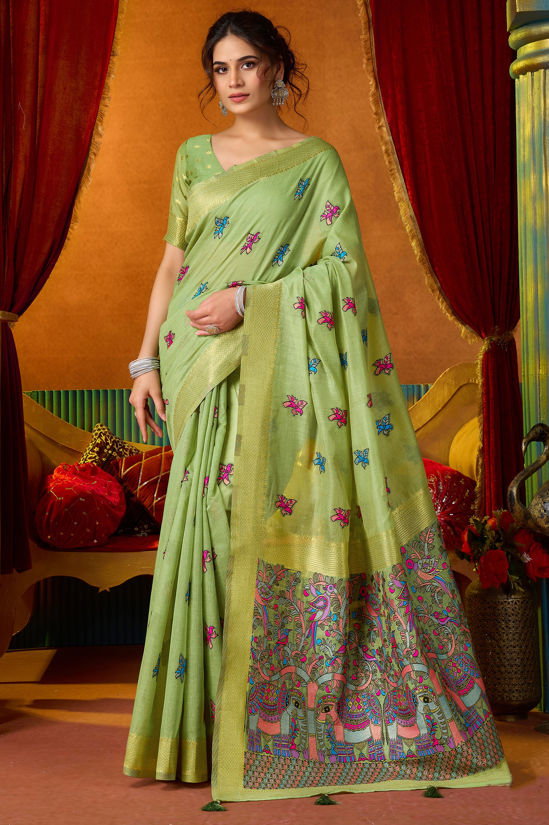 Green Katha Work Khadi Cotton Saree-SAR12692_1_SareeButa.com