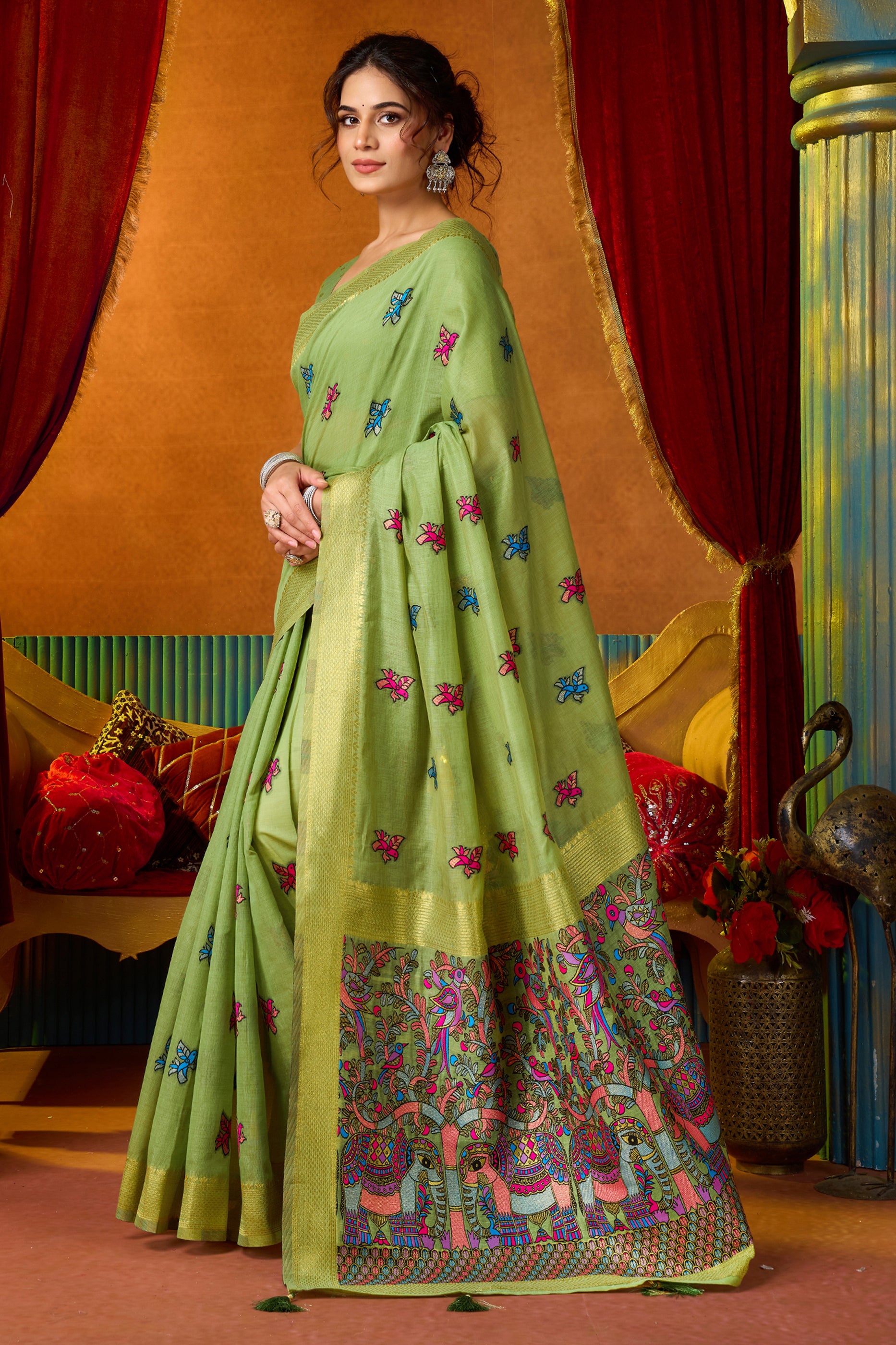 Green Katha Work Khadi Cotton Saree-SAR12692_3_SareeButa.com