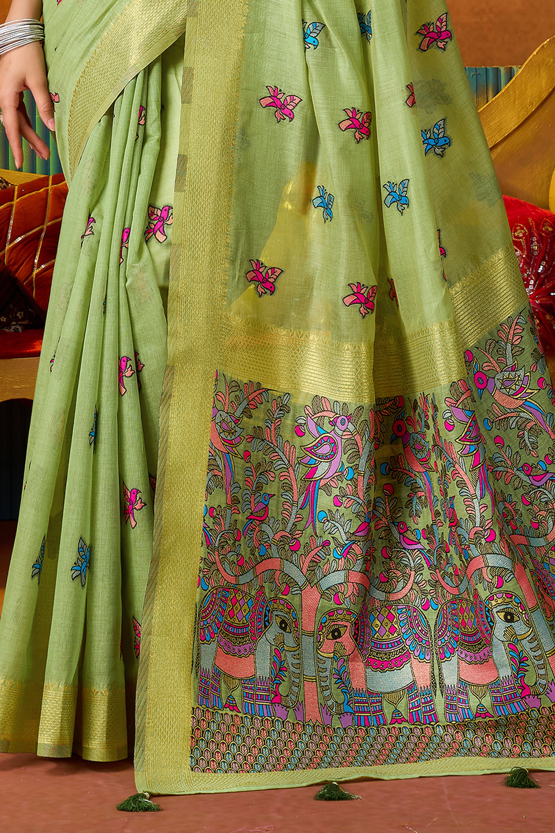 Green Katha Work Khadi Cotton Saree-SAR12692_4_SareeButa.com