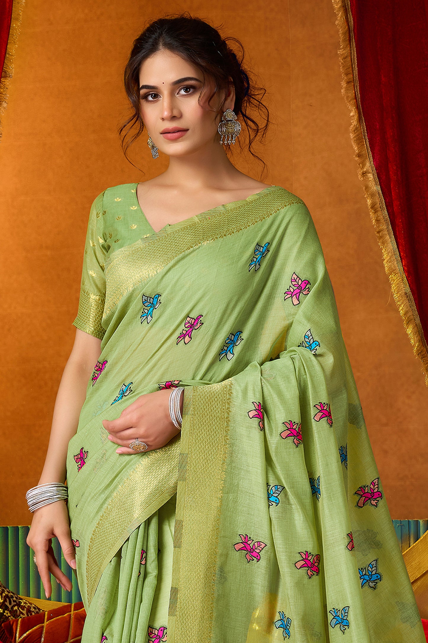 Green Katha Work Khadi Cotton Saree-SAR12692_5_SareeButa.com