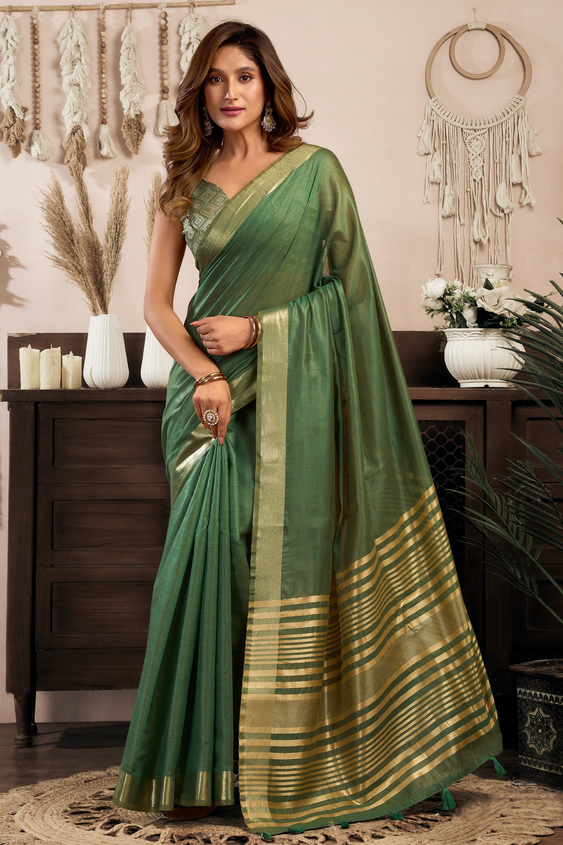 Green Khadi Cotton Saree-SAR12653_1_SareeButa.com