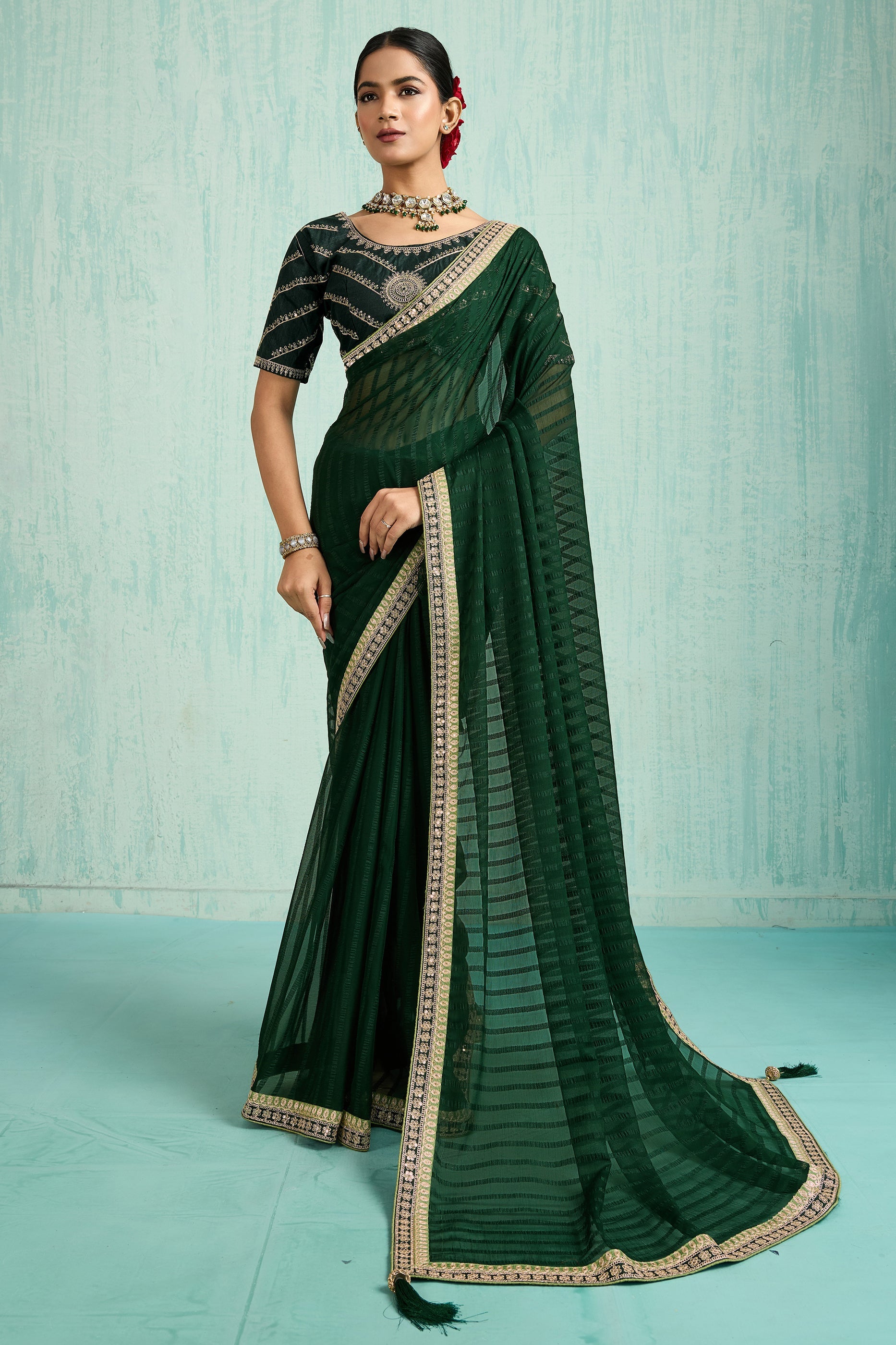 Green Lace Work Chiffon Saree-SAR10619_1_SareeButa.com