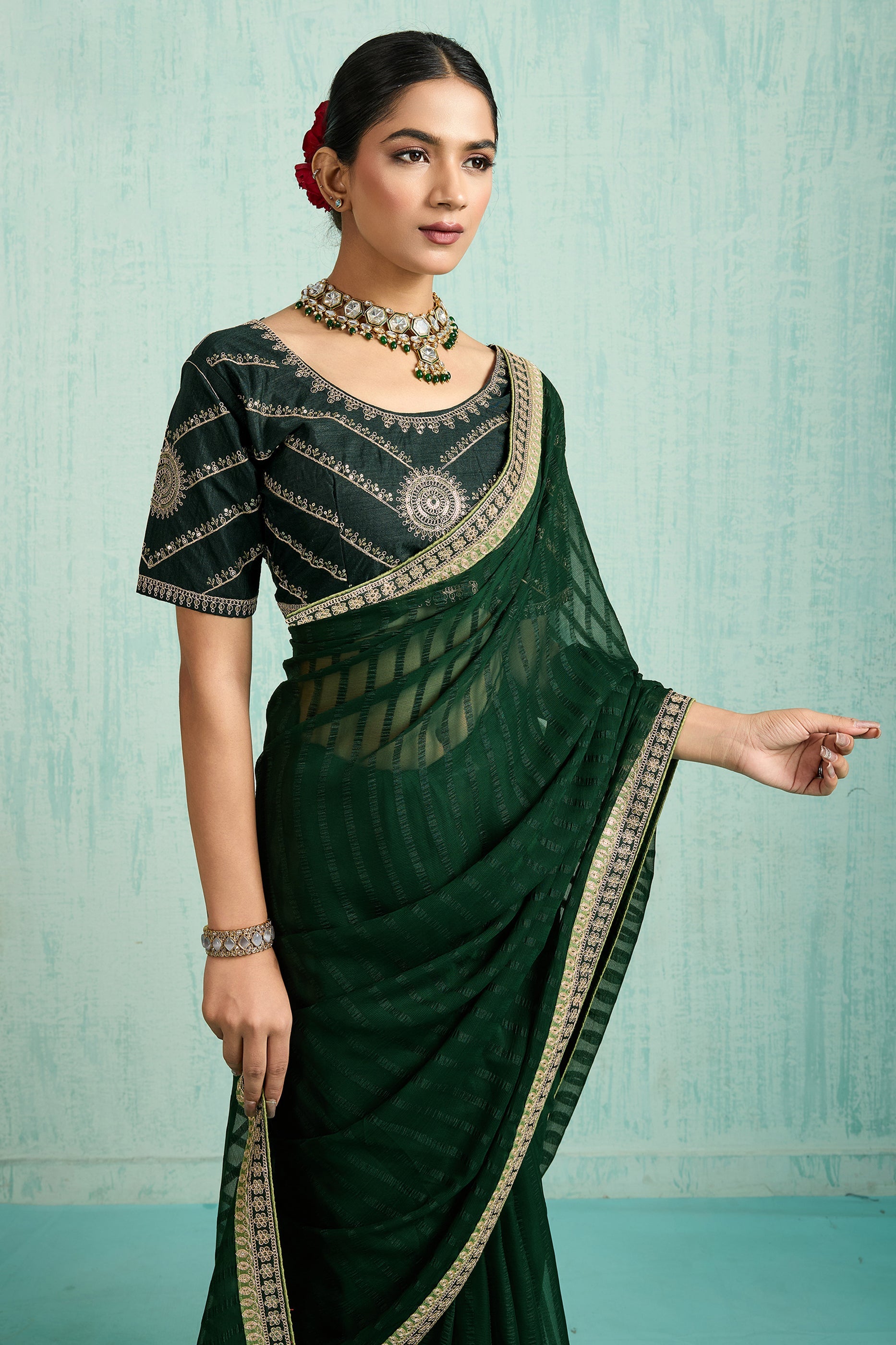 Green Lace Work Chiffon Saree-SAR10619_2_SareeButa.com