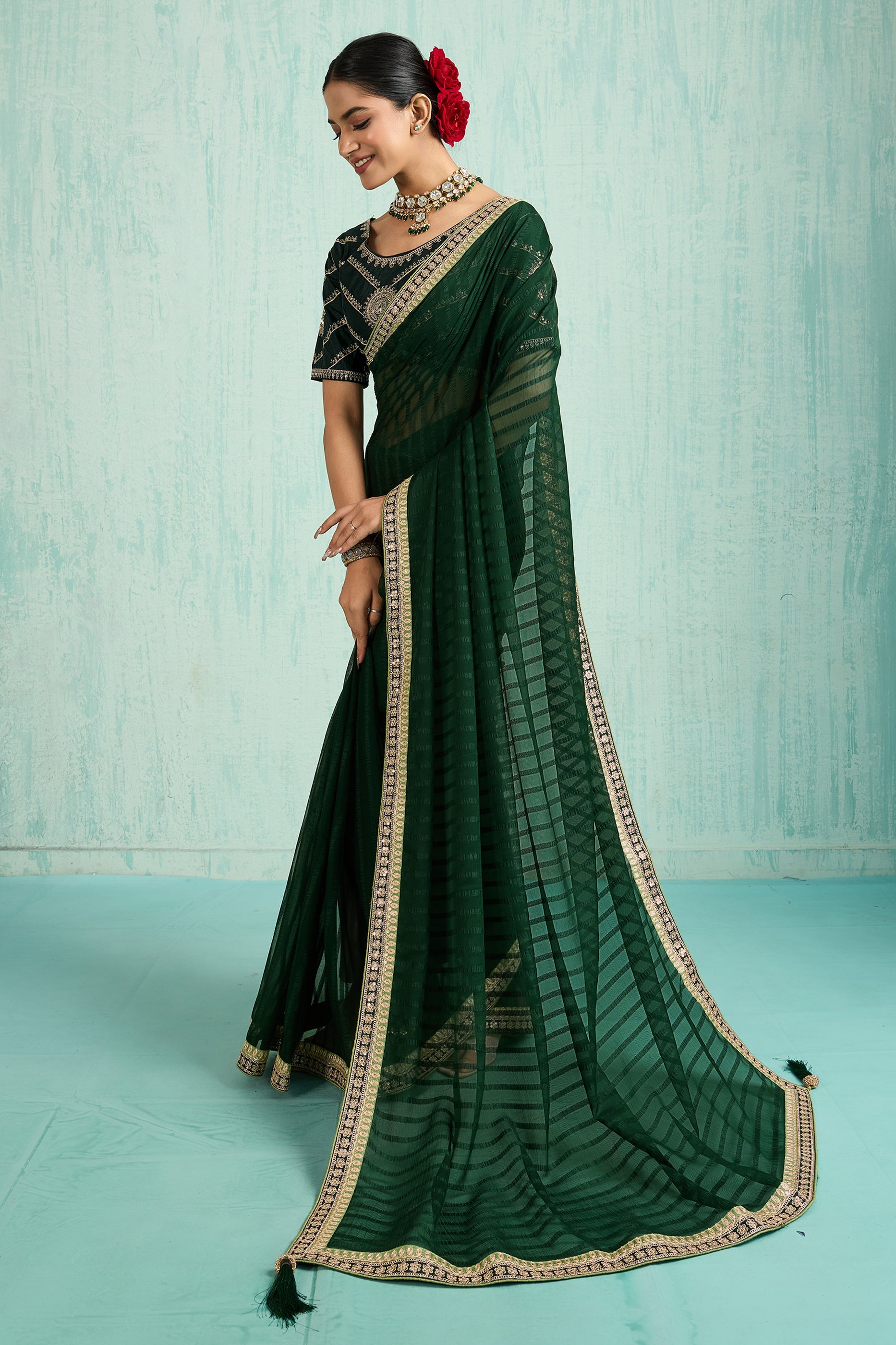 Green Lace Work Chiffon Saree-SAR10619_3_SareeButa.com