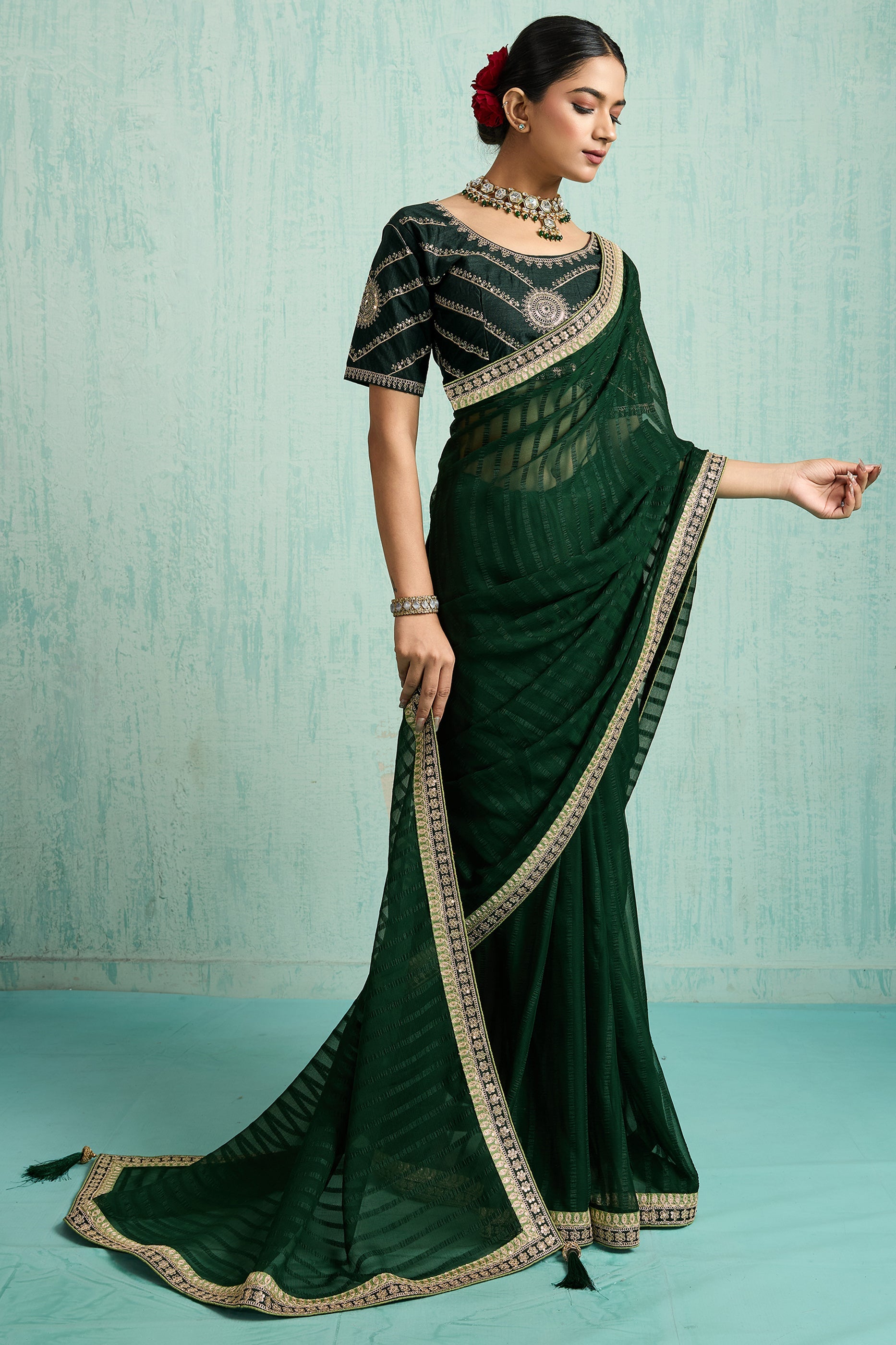 Green Lace Work Chiffon Saree-SAR10619_4_SareeButa.com