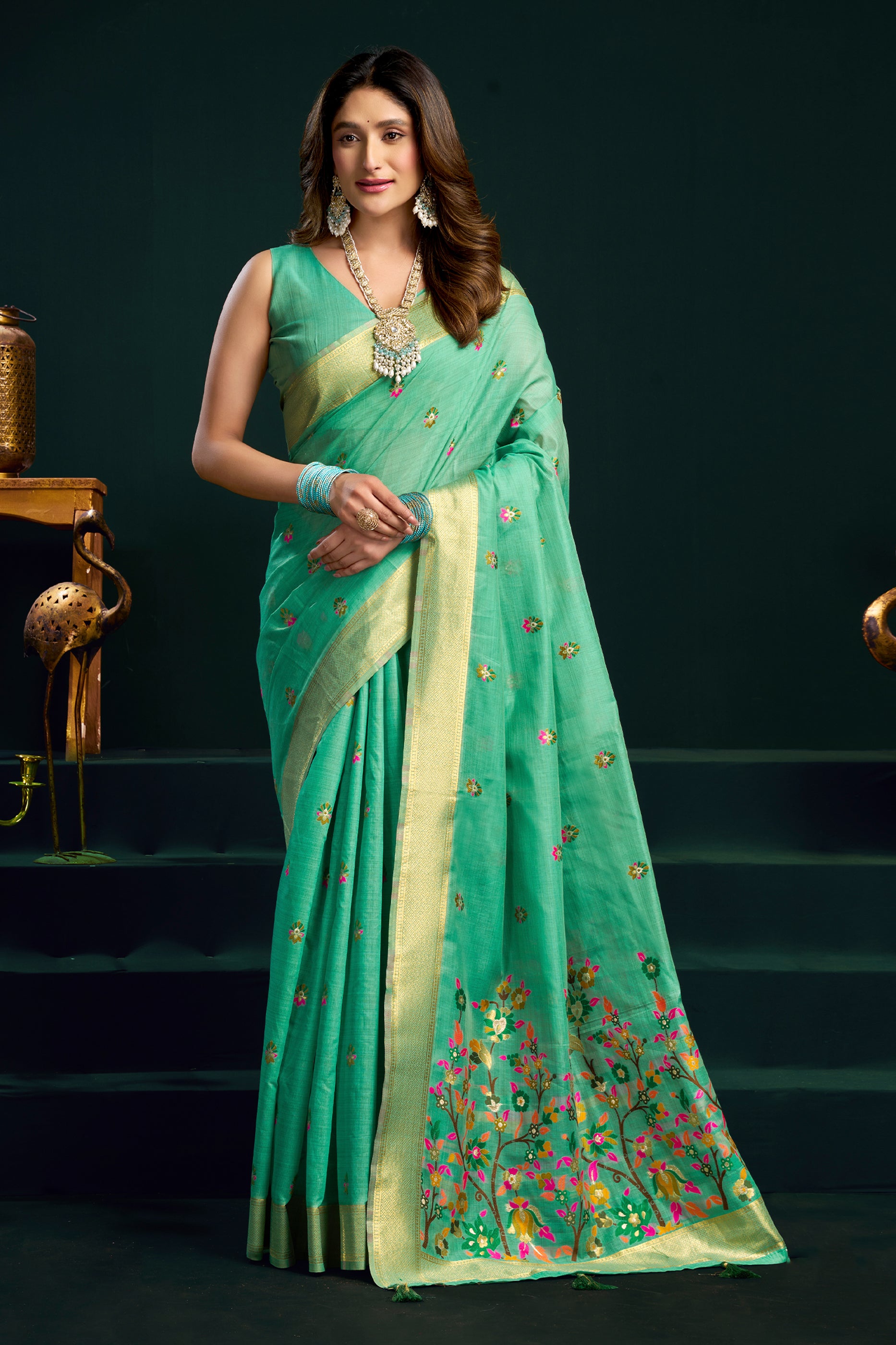 Green Munga Cotton Saree-SAR12708_1_SareeButa.com
