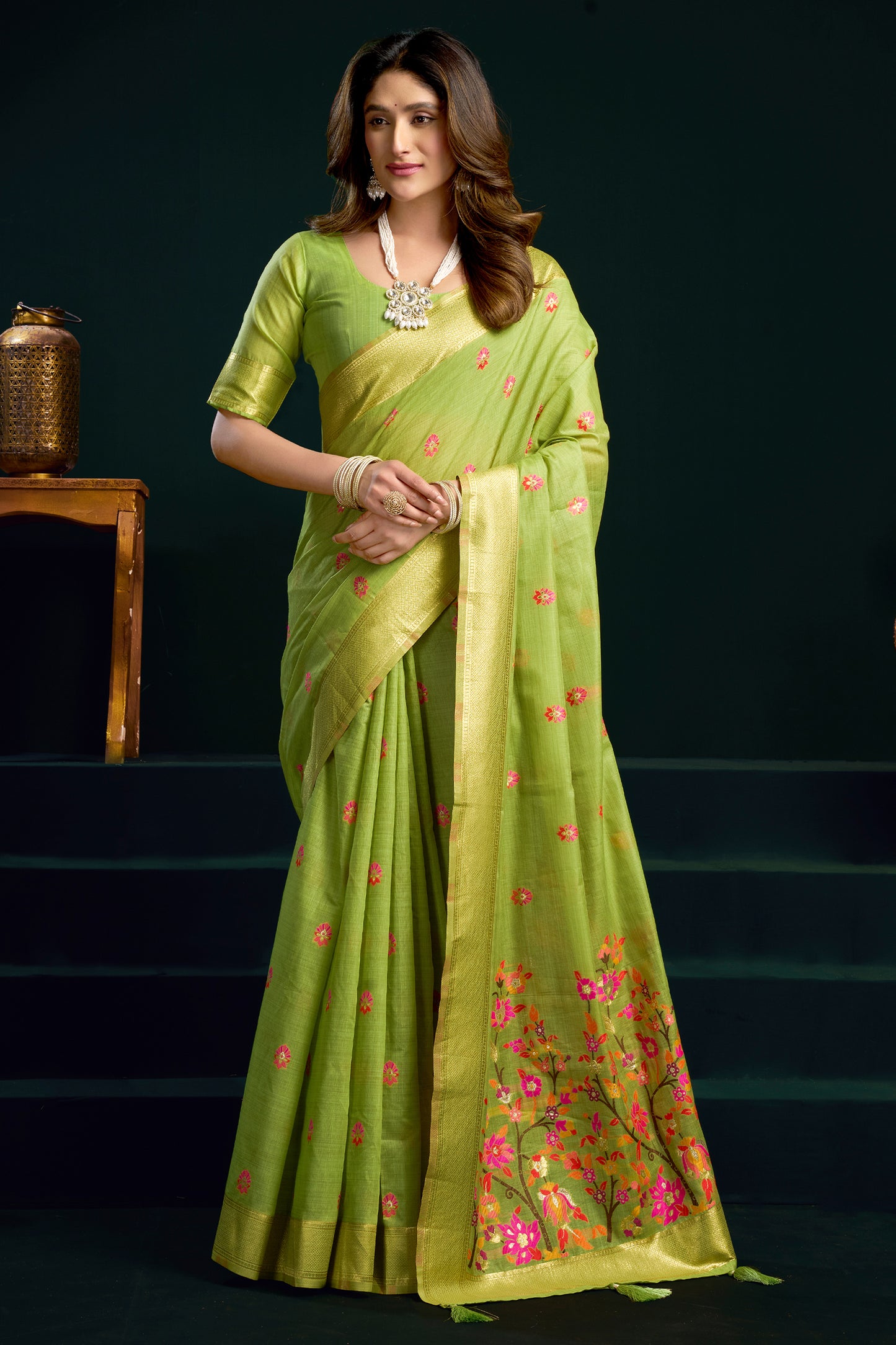 Green Munga Cotton Saree-SAR12711_1_SareeButa.com