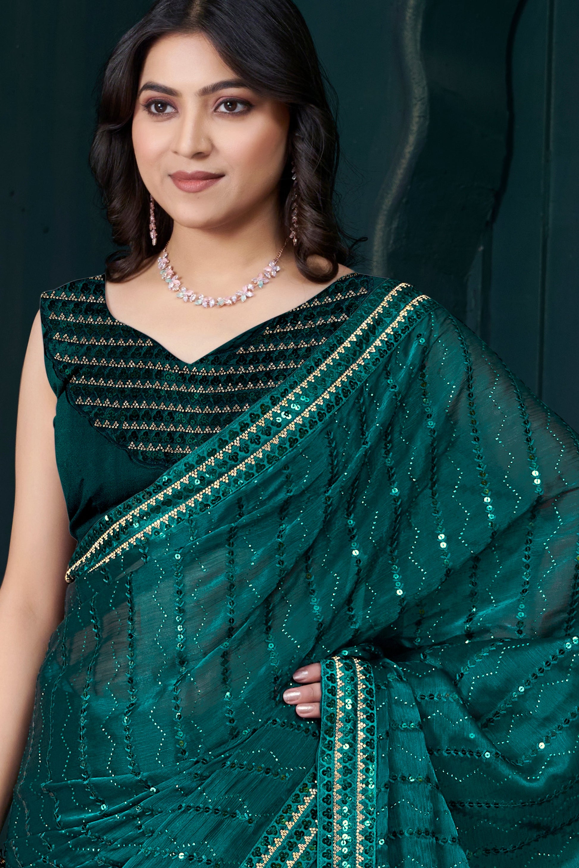 Green Organza Silk Stone Work Saree-ZB134461_2_SareeButa.com