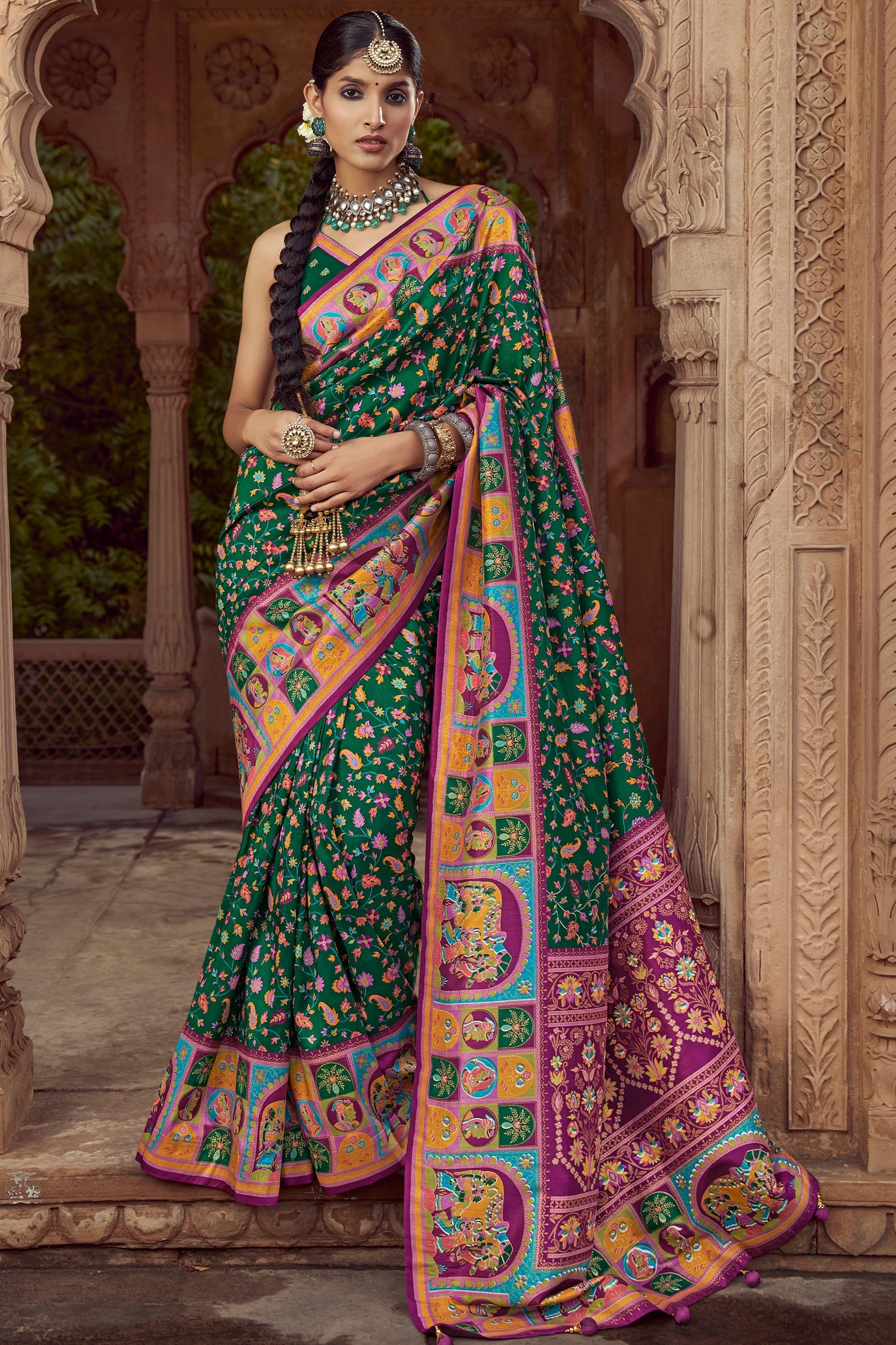 Green Pashmina Printed Viscose Silk Saree-SAR10405_1_SareeButa.com
