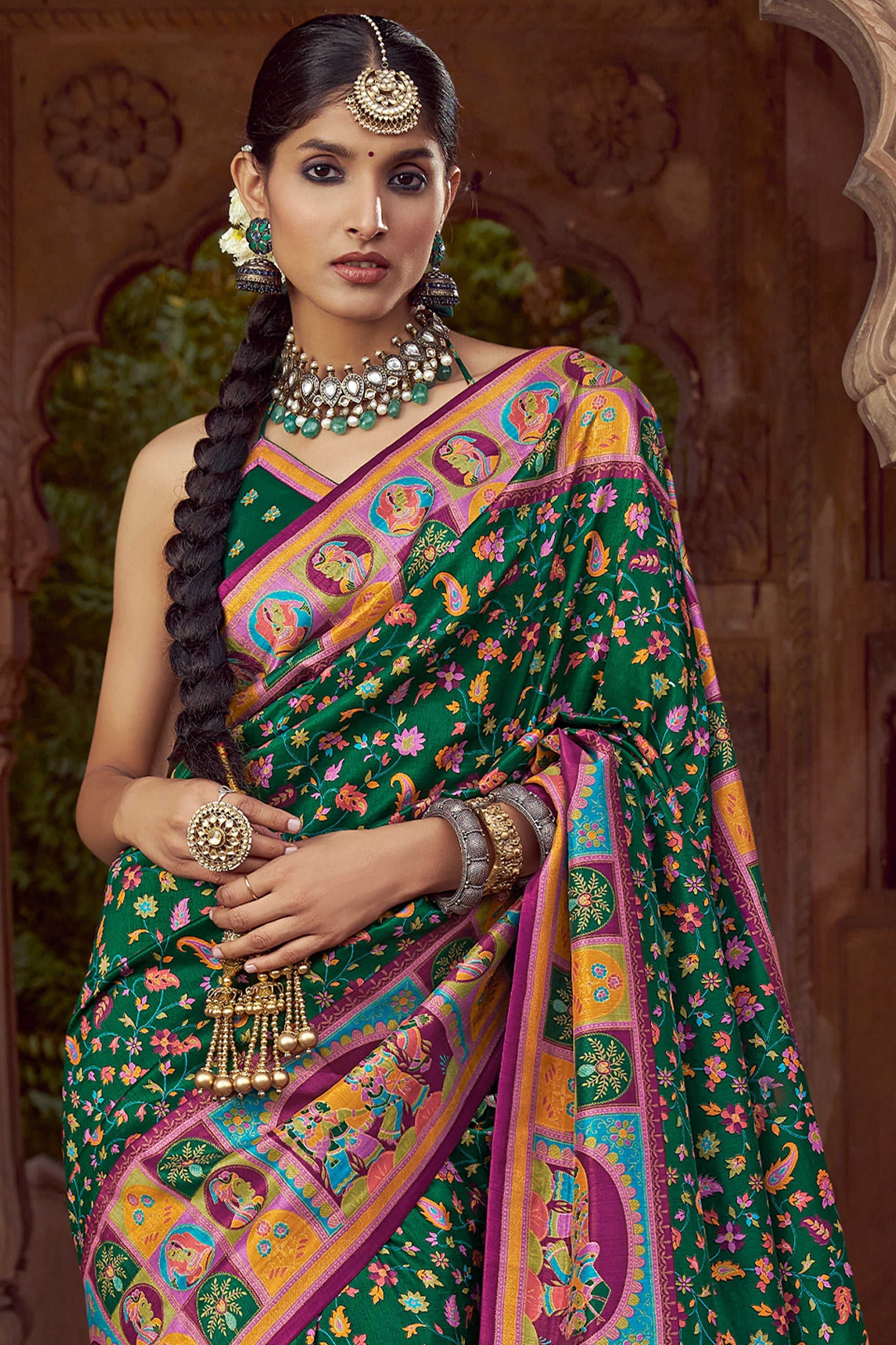 Green Pashmina Printed Viscose Silk Saree-SAR10405_3_SareeButa.com