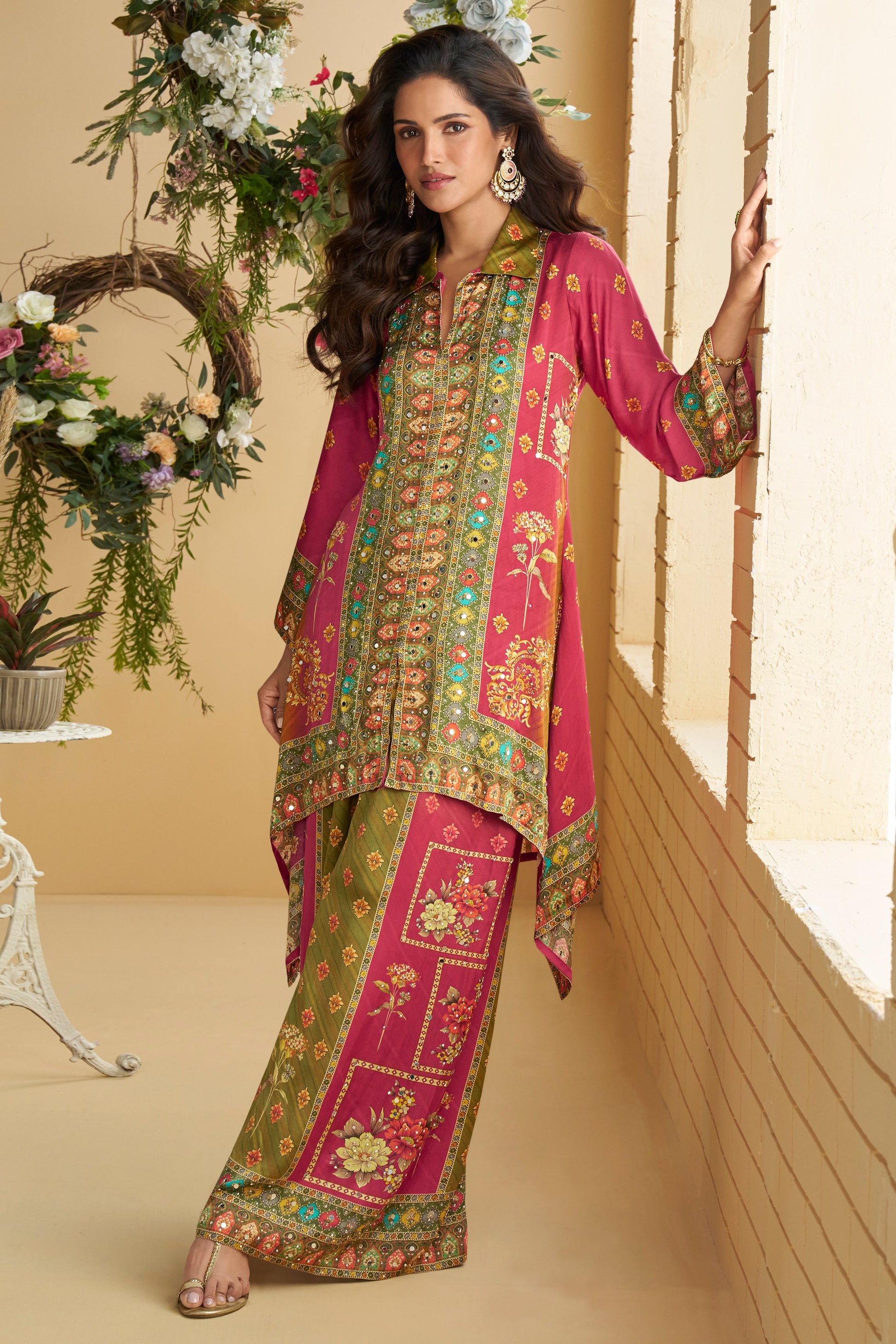 Green Pink Readymade Crepe Silk Co-Ord Set-SS786_1_SareeButa.com