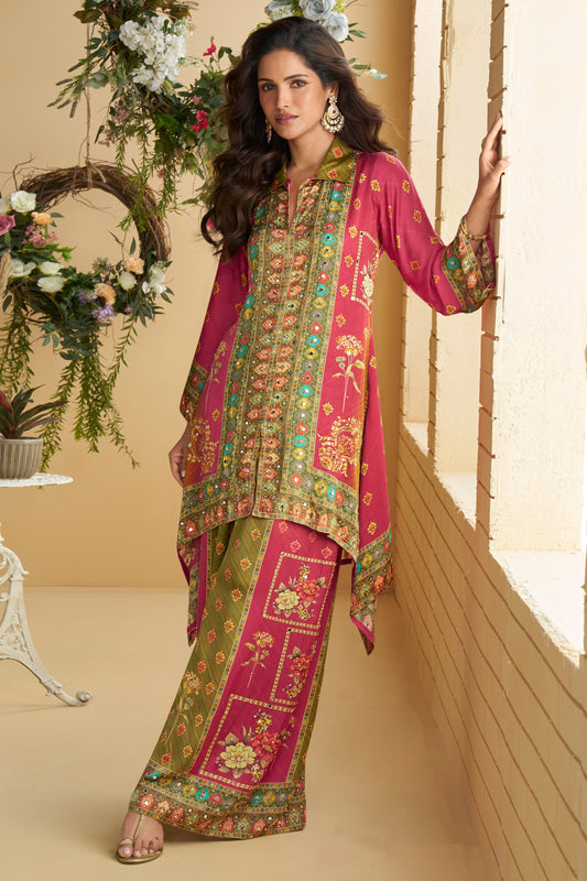 Green Pink Readymade Crepe Silk Co-Ord Set-SS786_1_SareeButa.com