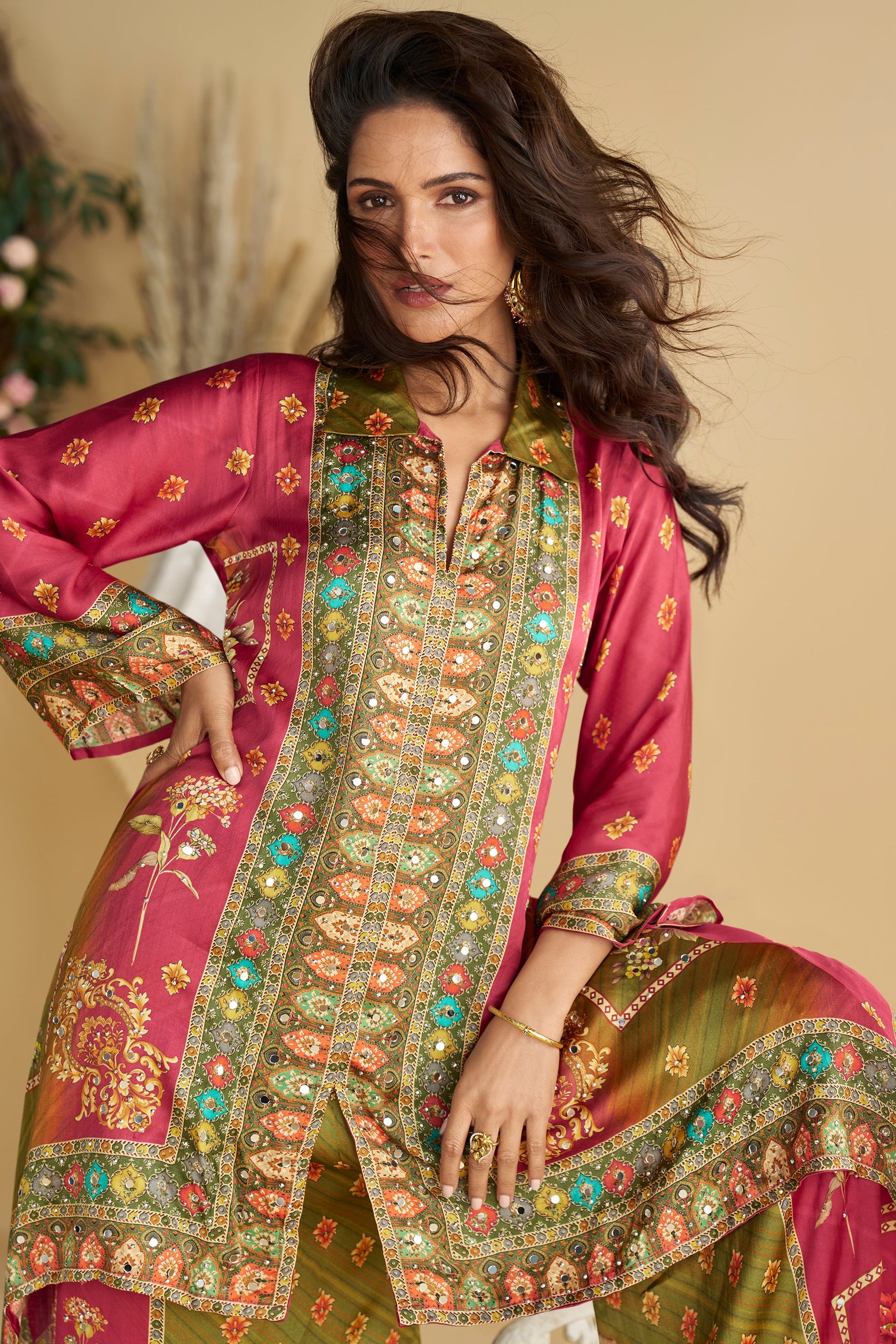 Green Pink Readymade Crepe Silk Co-Ord Set-SS786_3_SareeButa.com