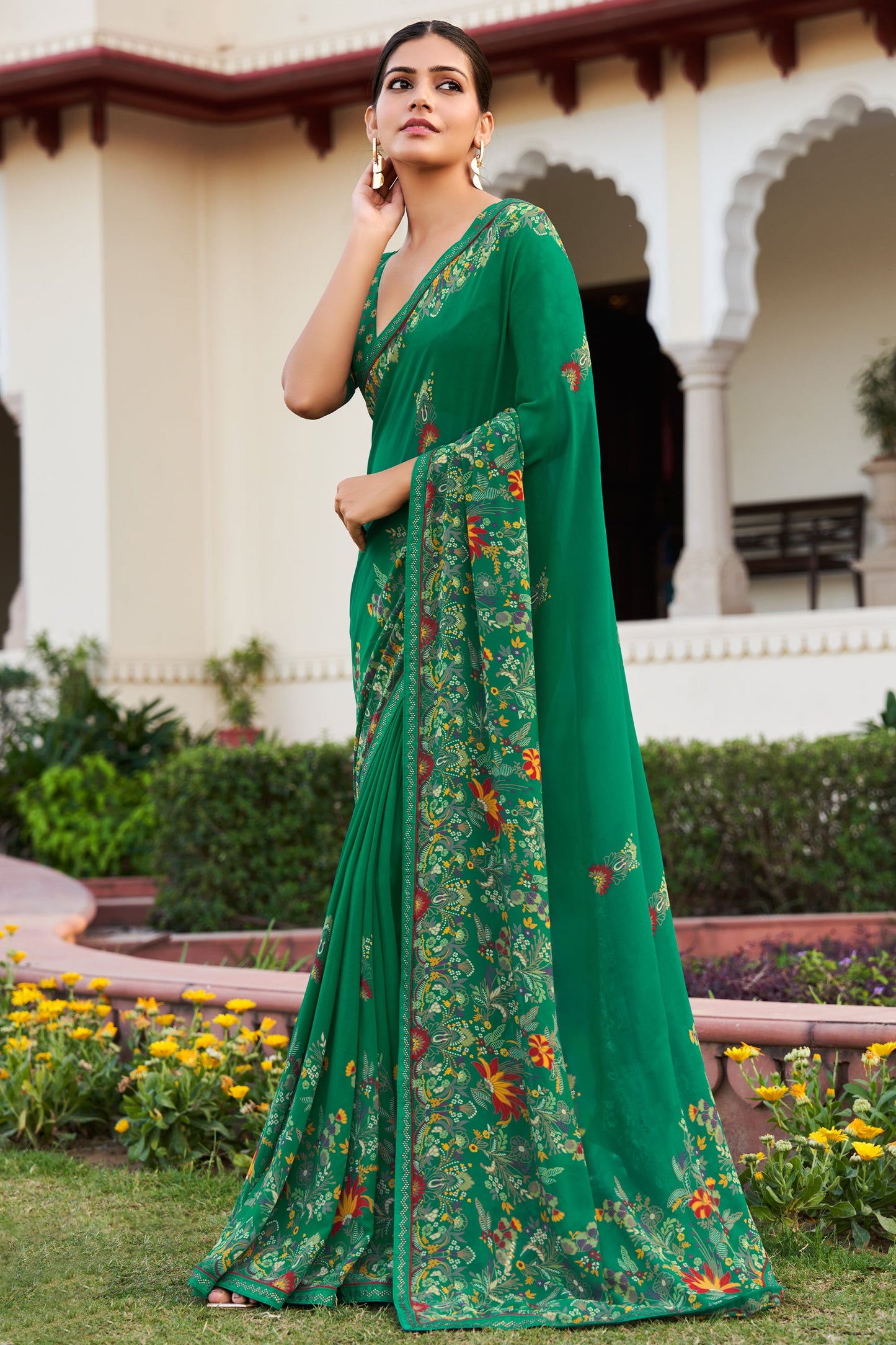 Green Printed Georgette Saree-SAR10168_1_SareeButa.com