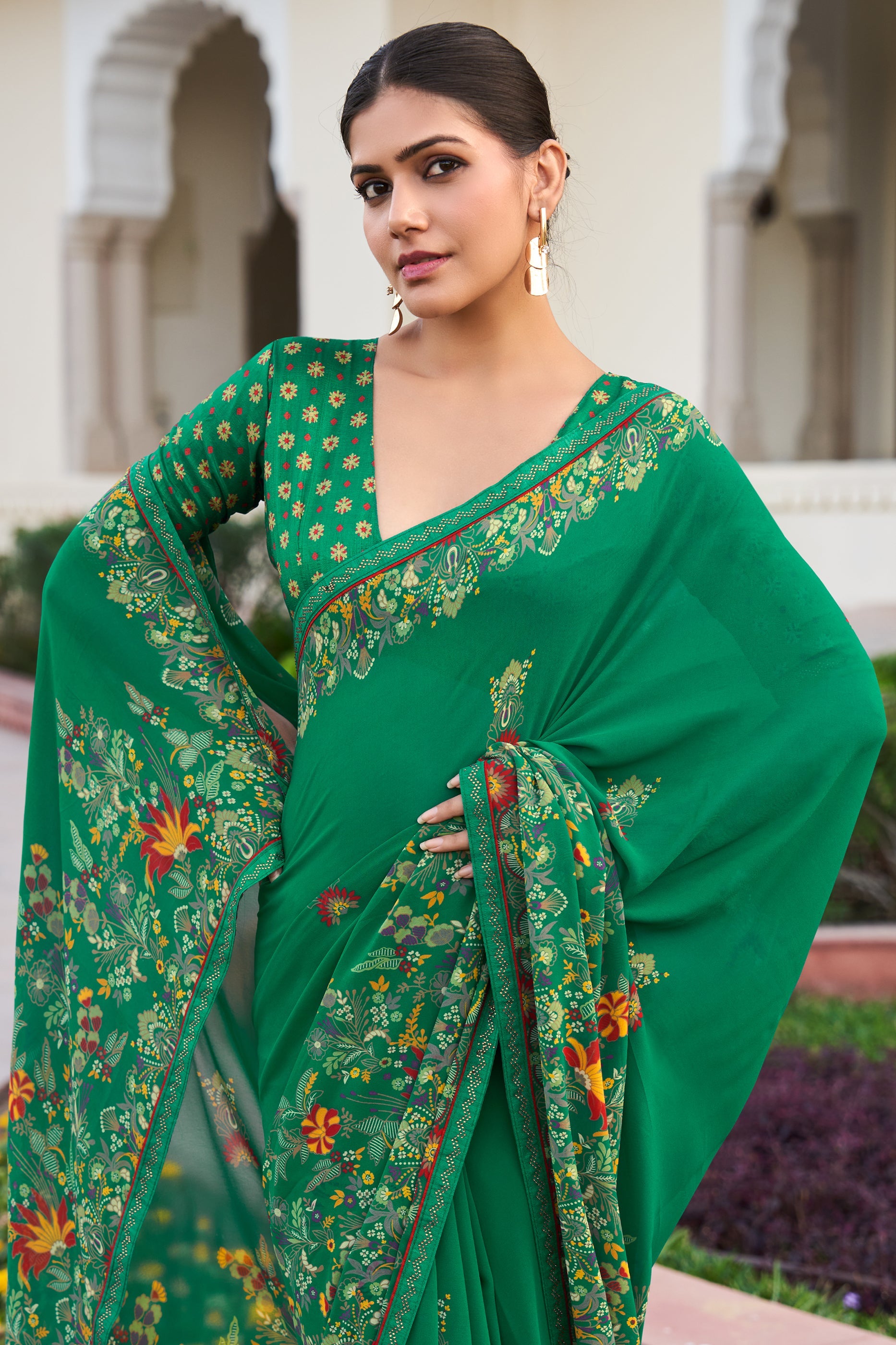 Green Printed Georgette Saree-SAR10168_2_SareeButa.com