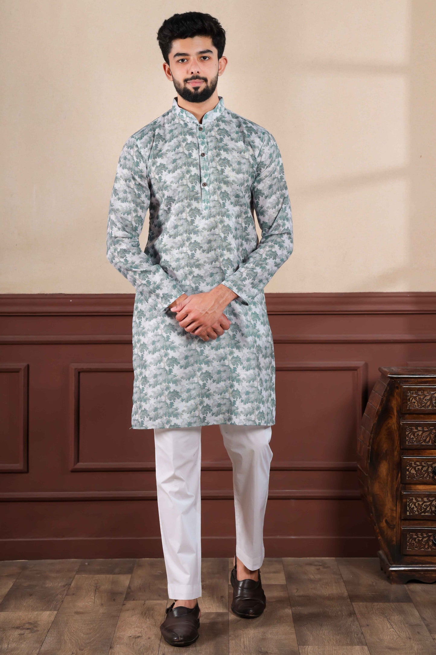 Green Printed Linen Kurta Pajama-MW64_1_SareeButa.com