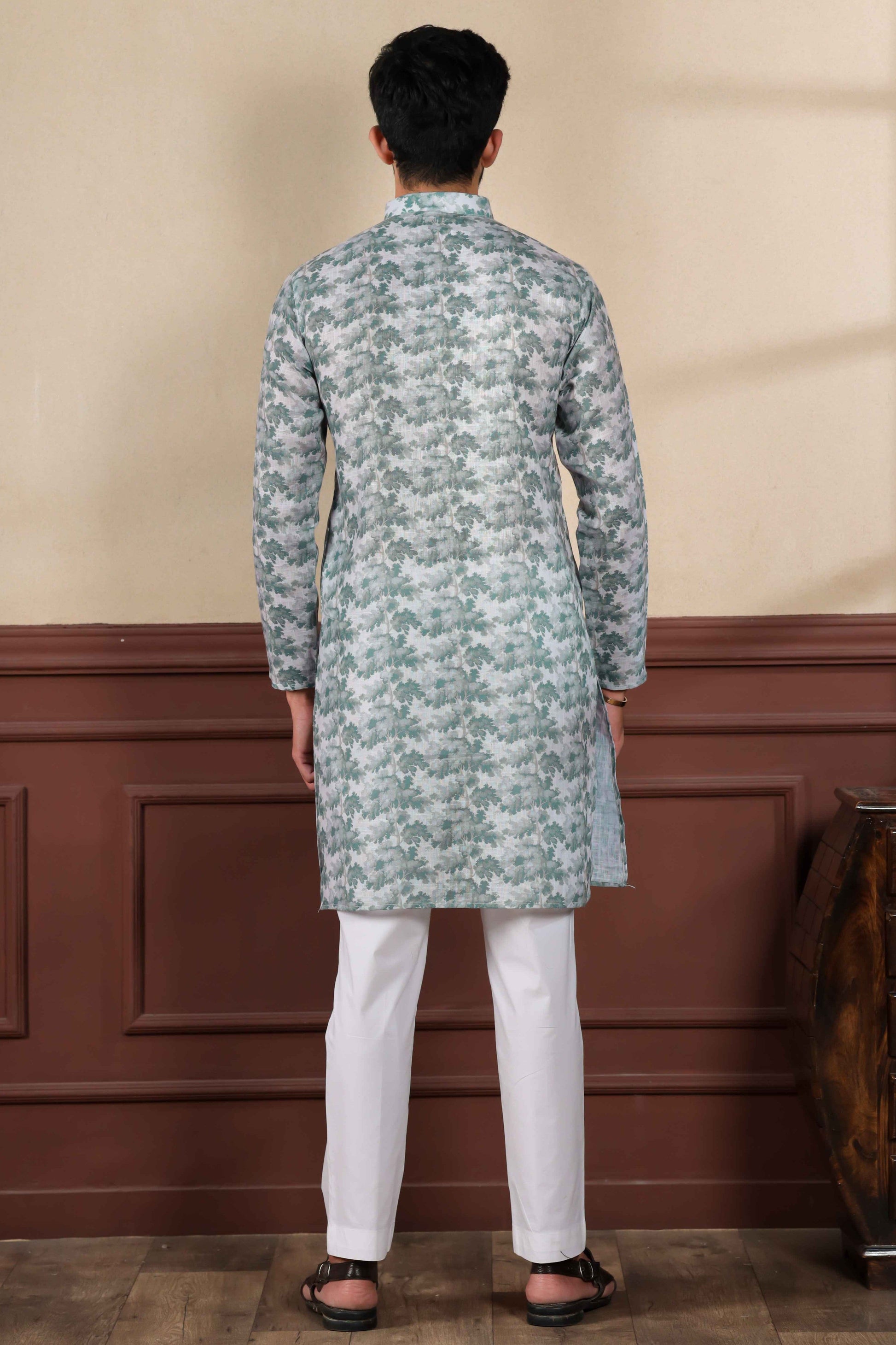 Green Printed Linen Kurta Pajama-MW64_3_SareeButa.com