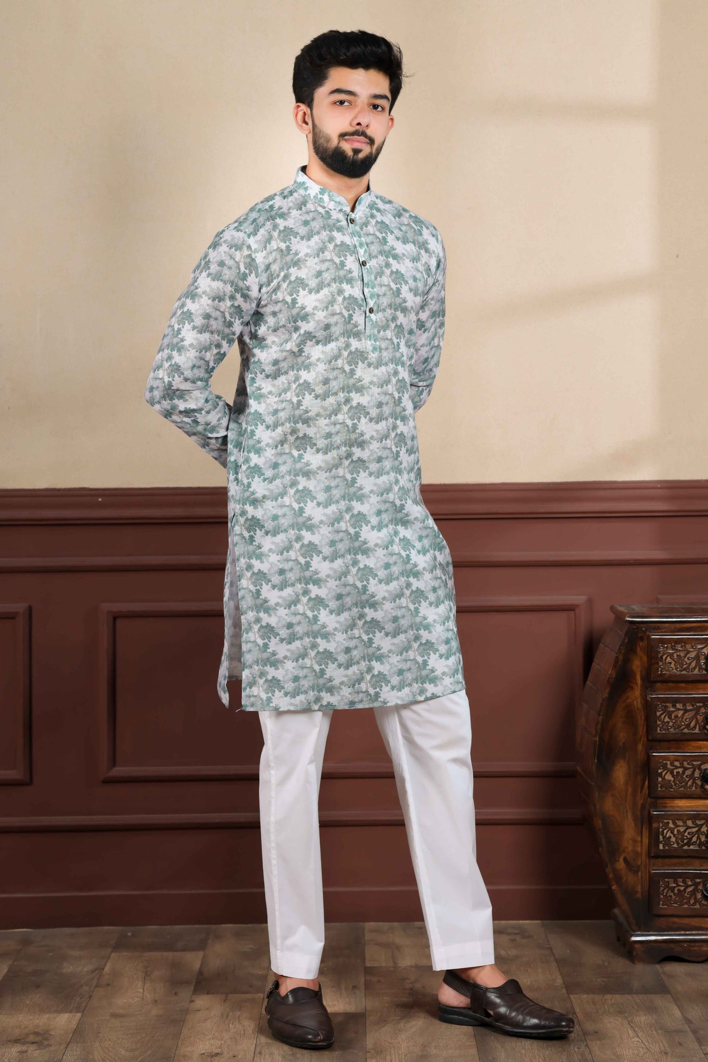 Green Printed Linen Kurta Pajama-MW64_4_SareeButa.com