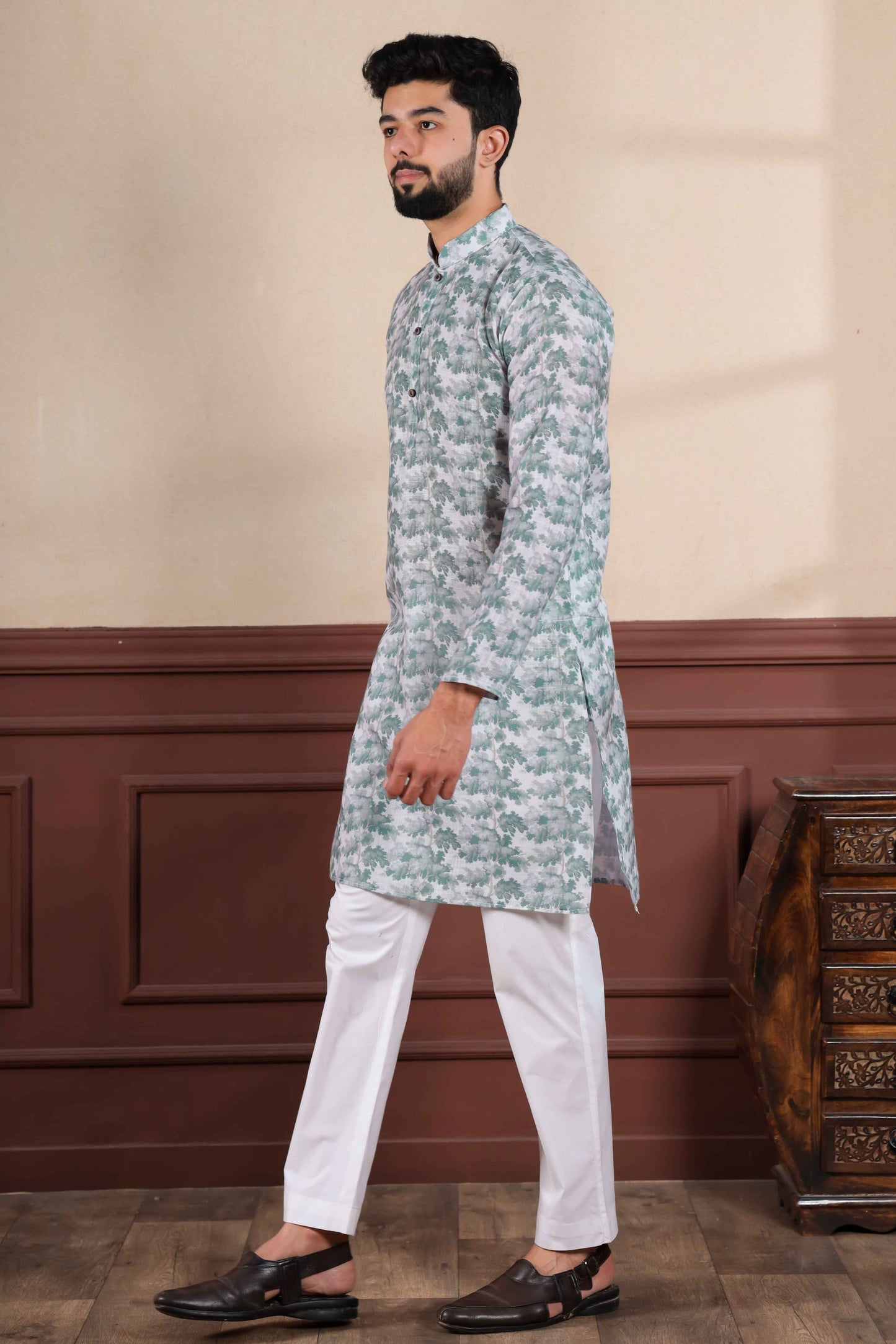 Green Printed Linen Kurta Pajama-MW64_5_SareeButa.com