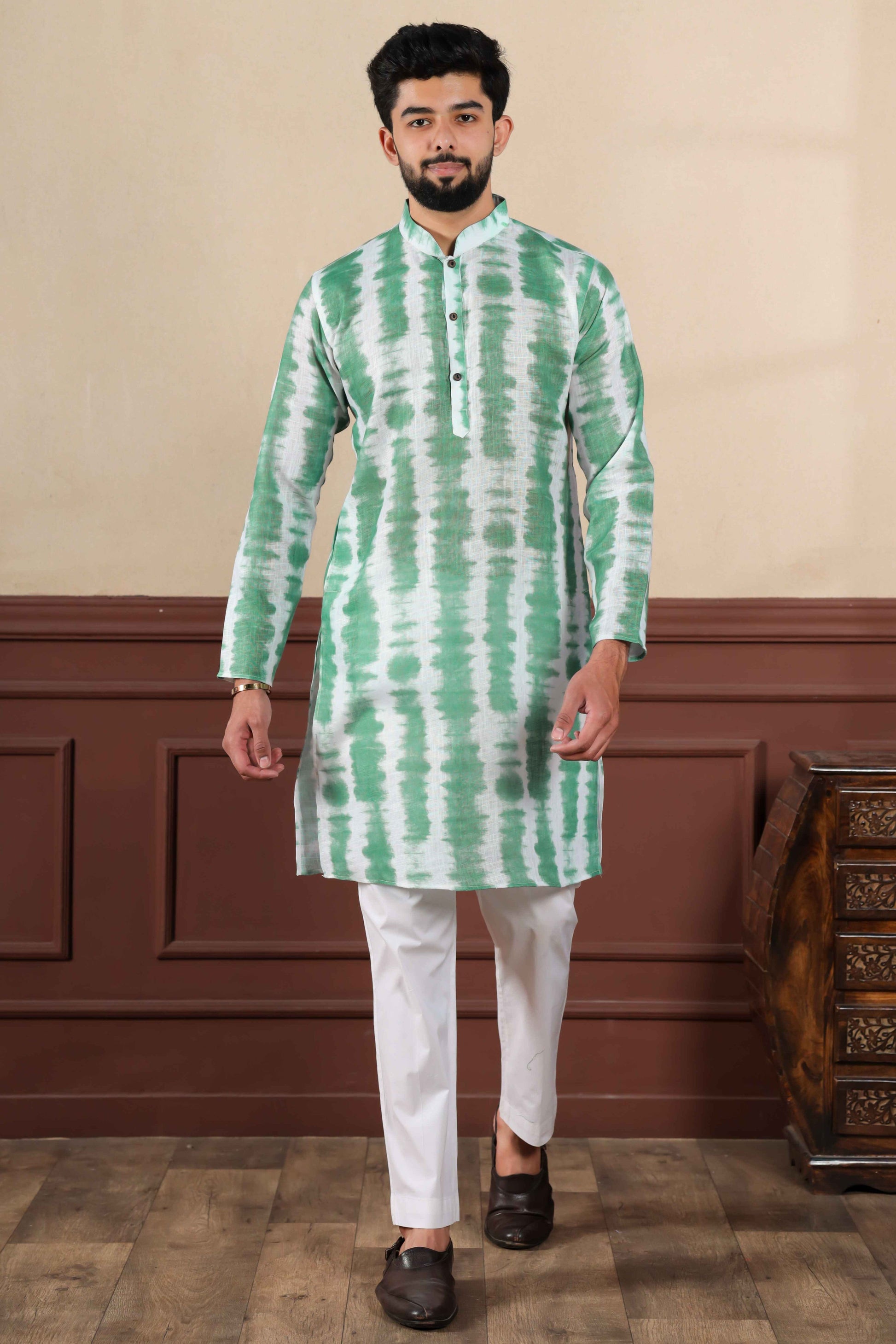 Green Printed Linen Kurta Pajama-MW67_1_SareeButa.com