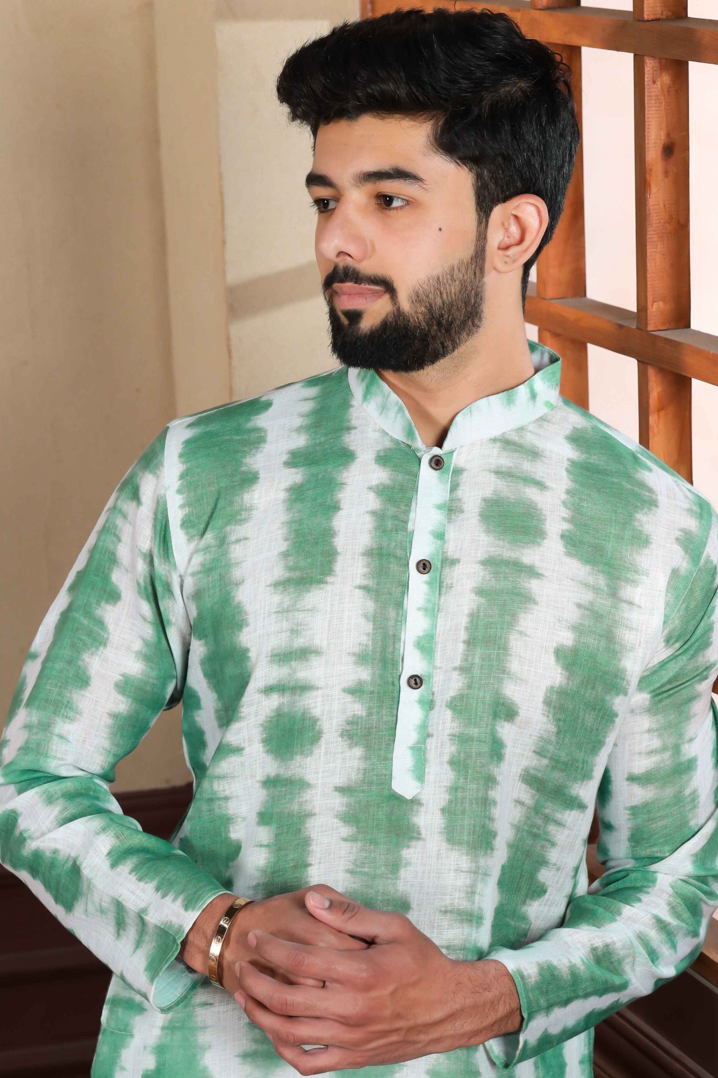 Green Printed Linen Kurta Pajama-MW67_2_SareeButa.com